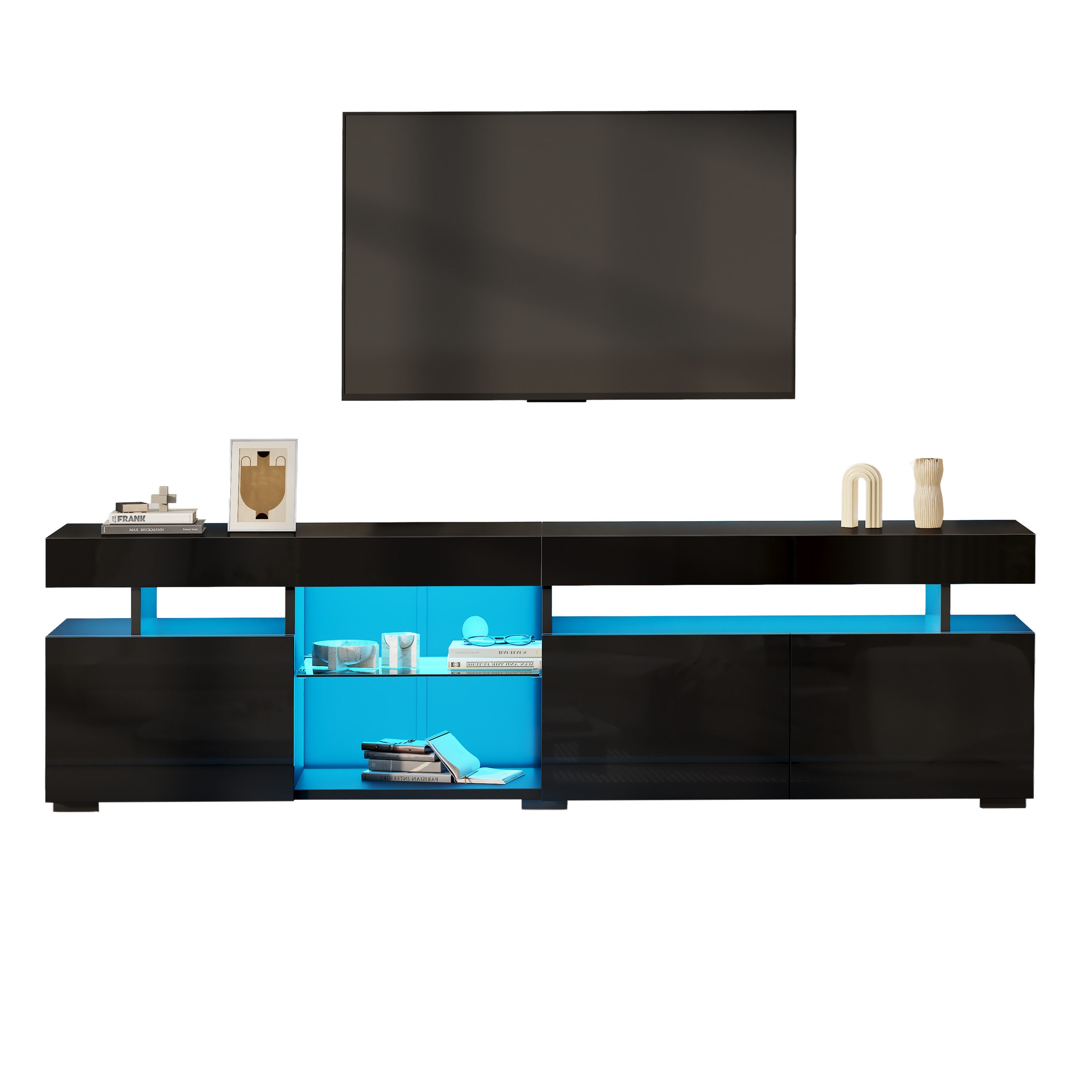 KLAM HOME Lowboard Weißer Hochglanz TV-Schrank 180cm für 80 Zoll mit 3 Türen & LED (Lowboard mit App-gesteuerter Beleuchtung & verstellbarem Glasfach), Moderner TV-Ständer mit viel Stauraum & Hochglanz-Optik für Wohnzimmer