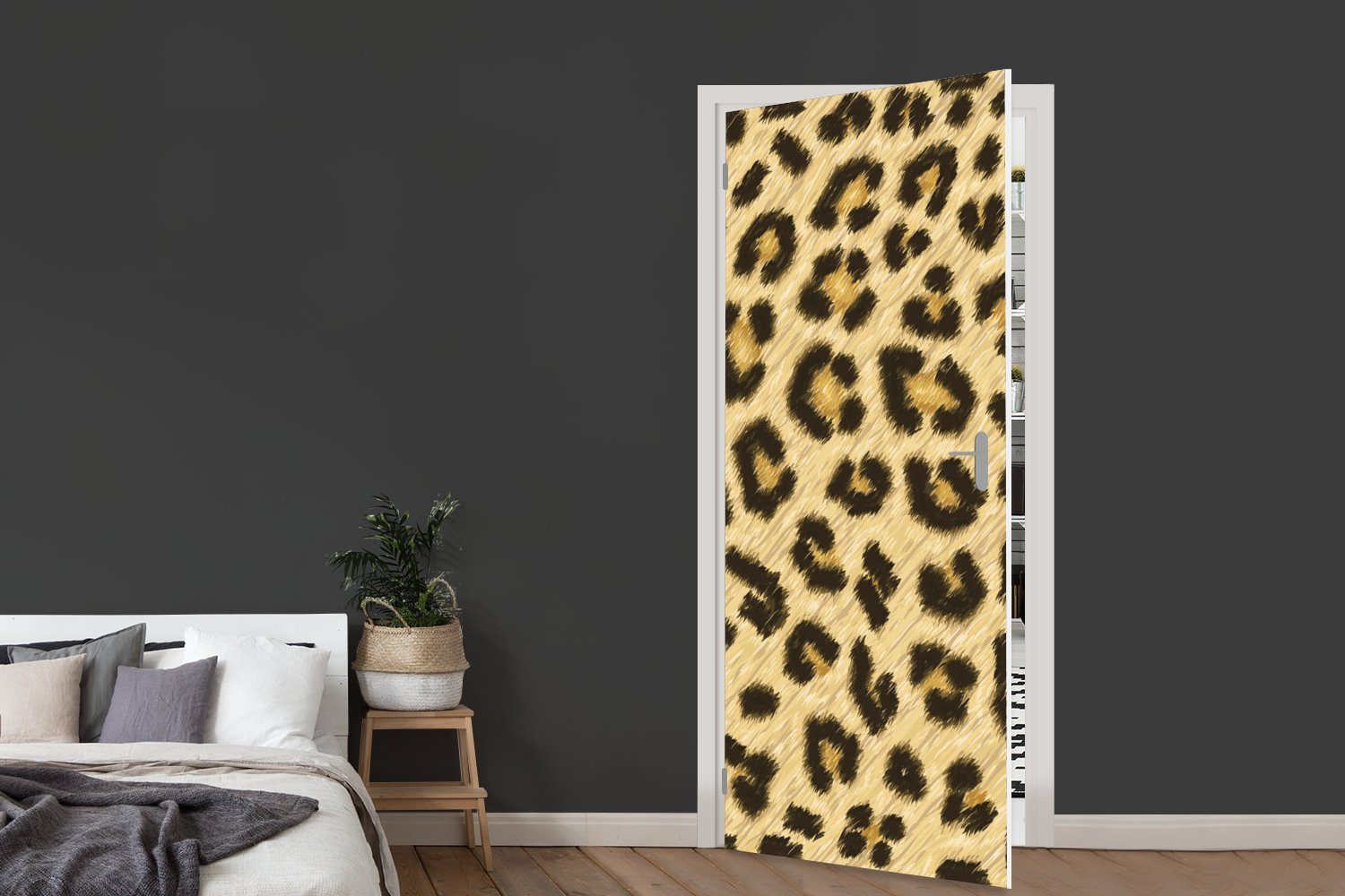 MuchoWow Türtapete Eine Nahaufnahme eines 75x205 Leopardenfells, cm (1 für bedruckt, St), Tür, Fototapete Matt, Türaufkleber, illustrierten