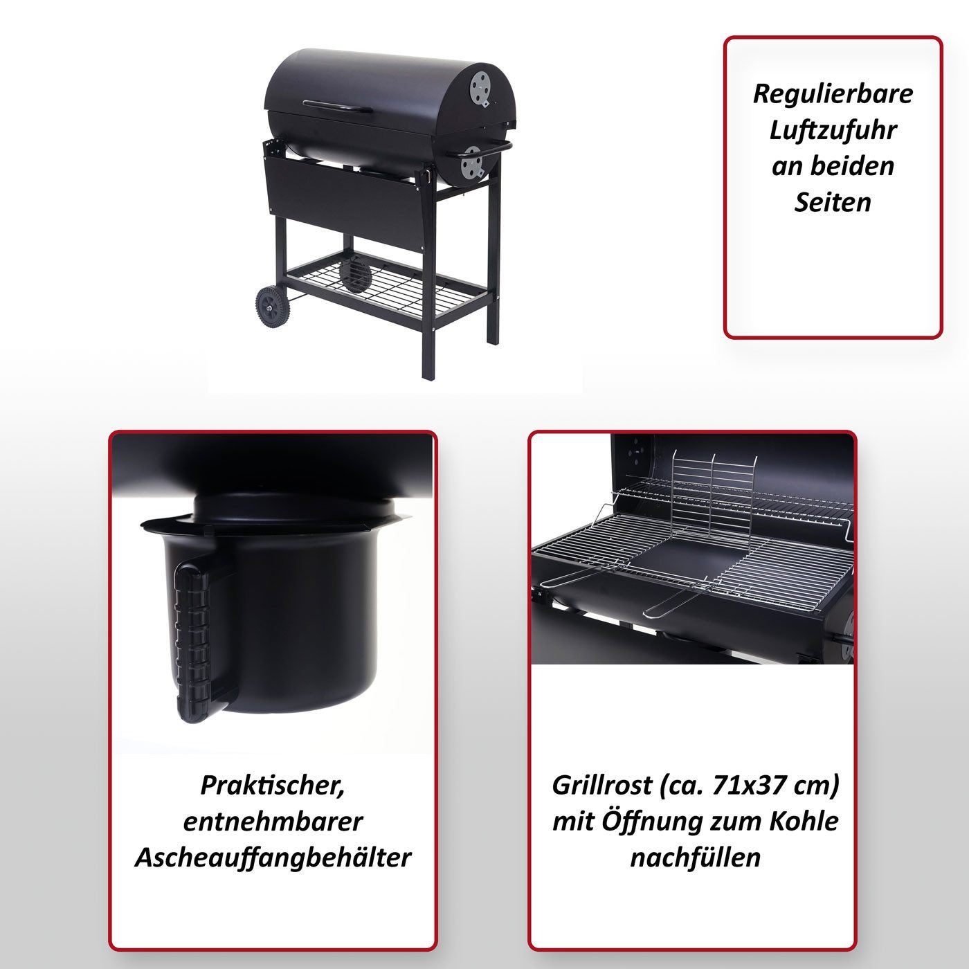 MCW Holzkohlegrill MCW-F70, inklusive regulierbarer Luftzufuhr, Warmhalterost, mit Rädern