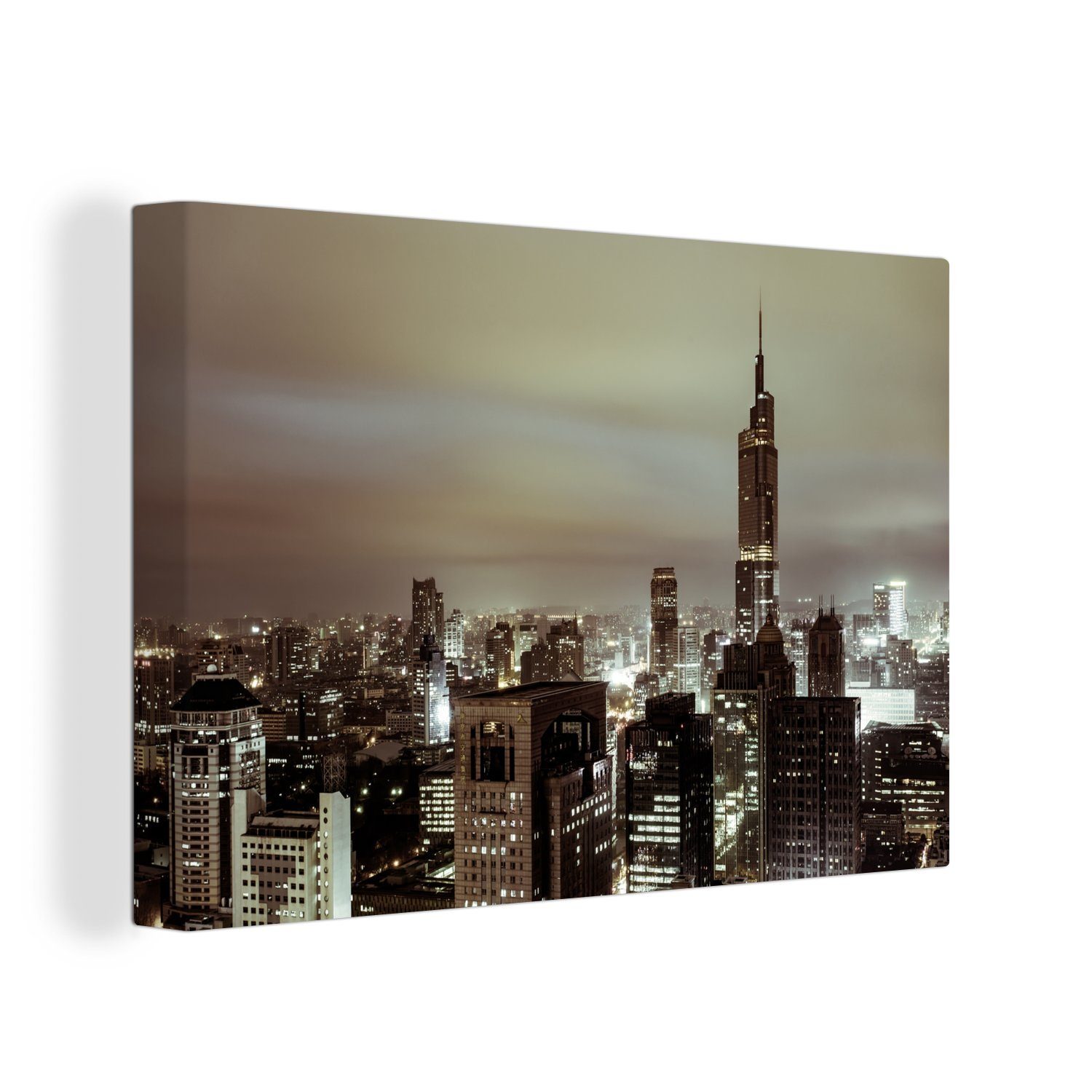 OneMillionCanvasses® Leinwandbild Skyline von Nanjing am Abend, (1 St), Wandbild Leinwandbilder, Aufhängefertig, Wanddeko, 30x20 cm