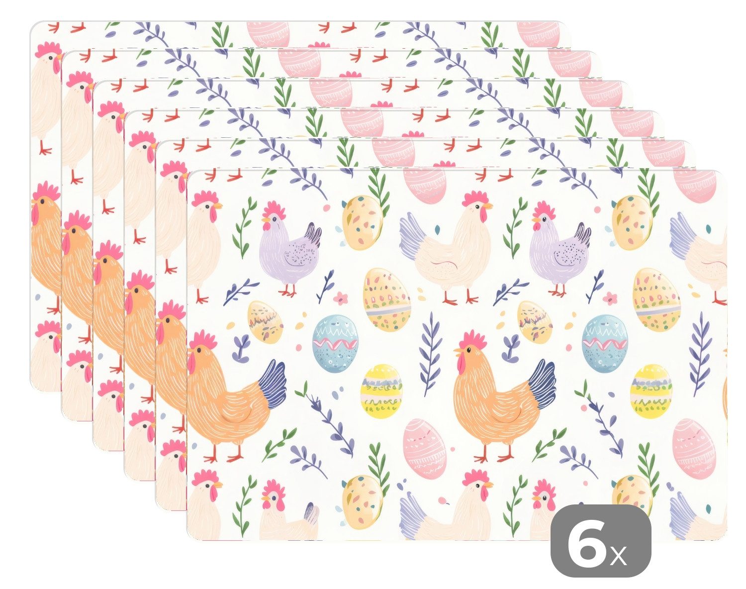MuchoWow Platzset Muster - Huhn - Ostereier - Ostern Deko, (6-St), Platzsets, Tischset, Abwaschbar, Tischsets, Platzdeckchen