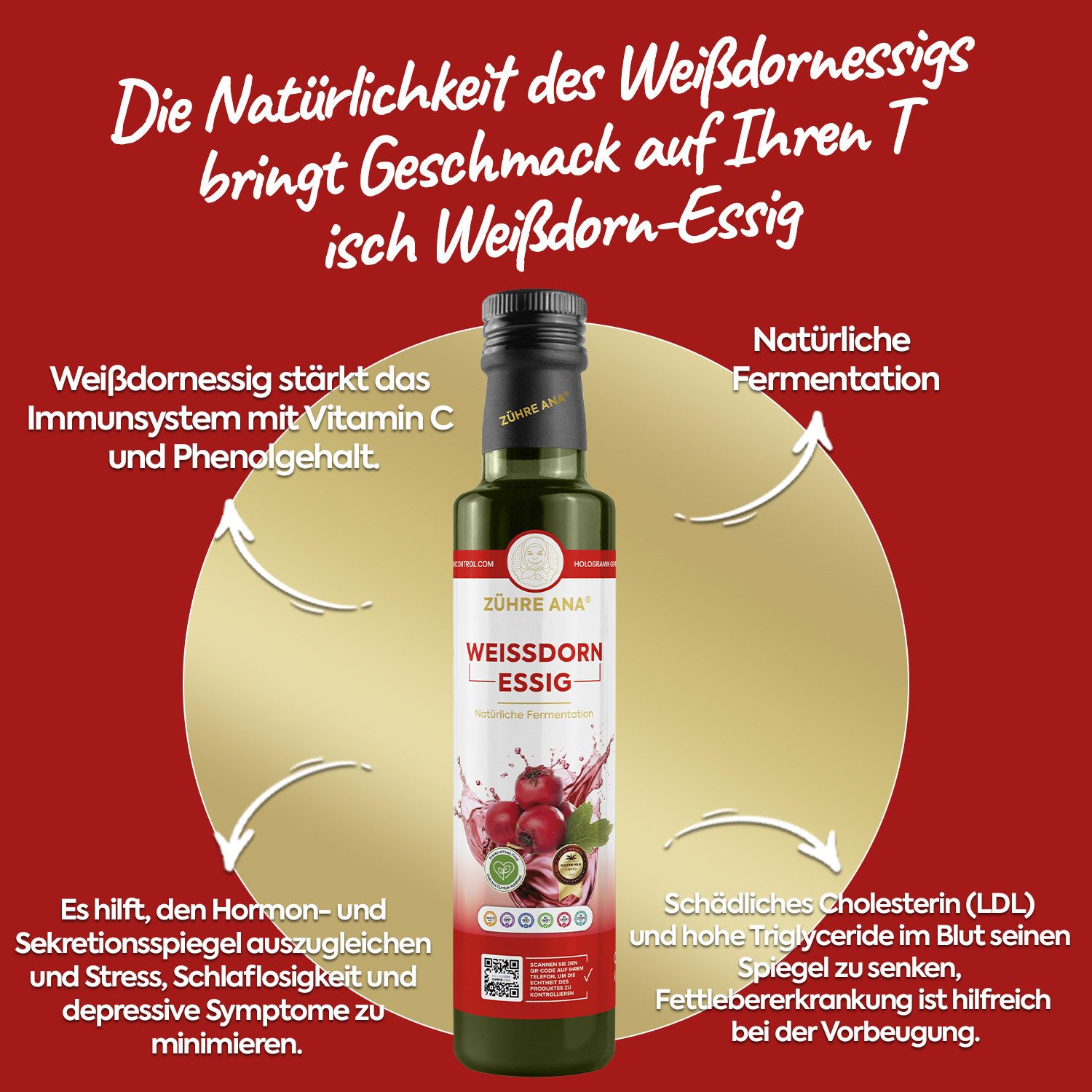 Zühre Ana® Essig Weißdornessig - natürlich fermentiert, Vitamin C., Natürlich Fermentiert