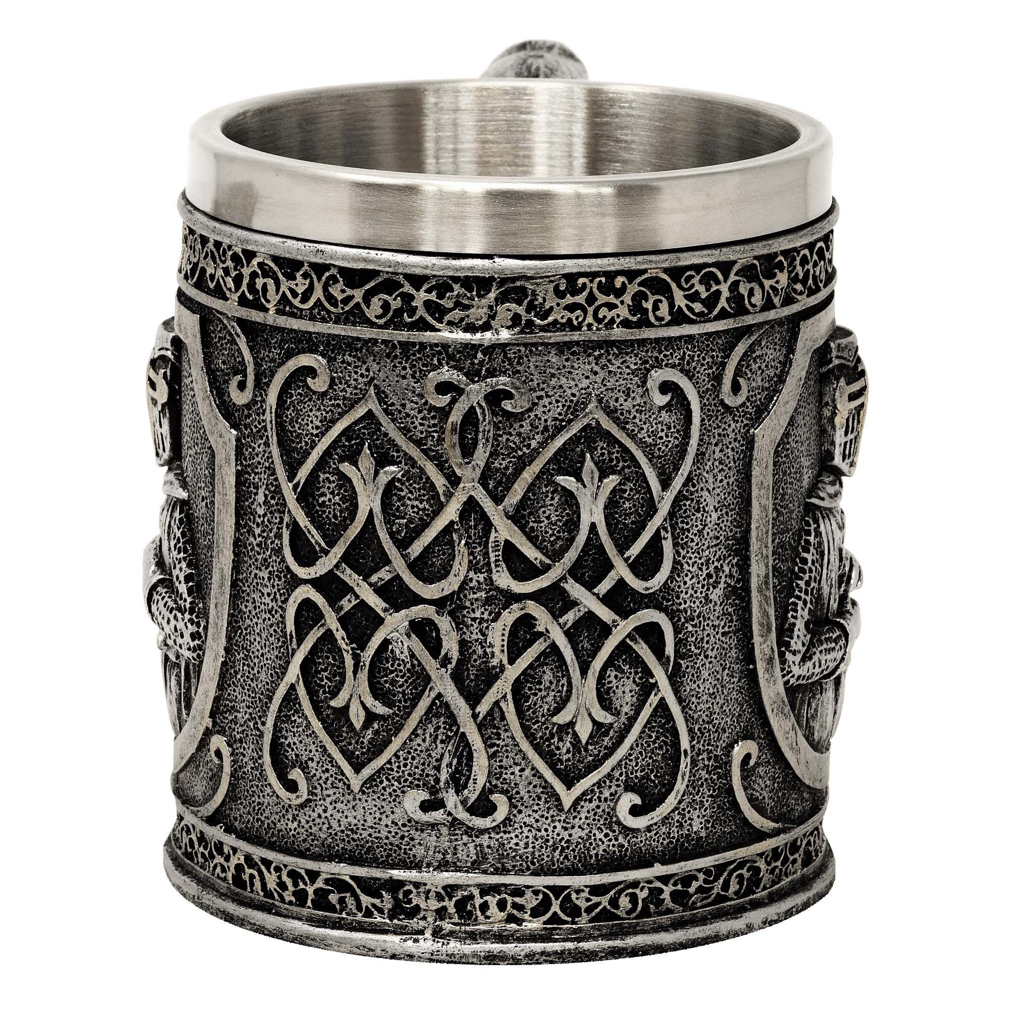 MystiCalls Bierkrug Ritterkrug Kreuzritter Silber - Bierkrug Krug Ritter Mittelalter, Polyresin mit Metalleinsatz, 400ml Fassungsvolumen