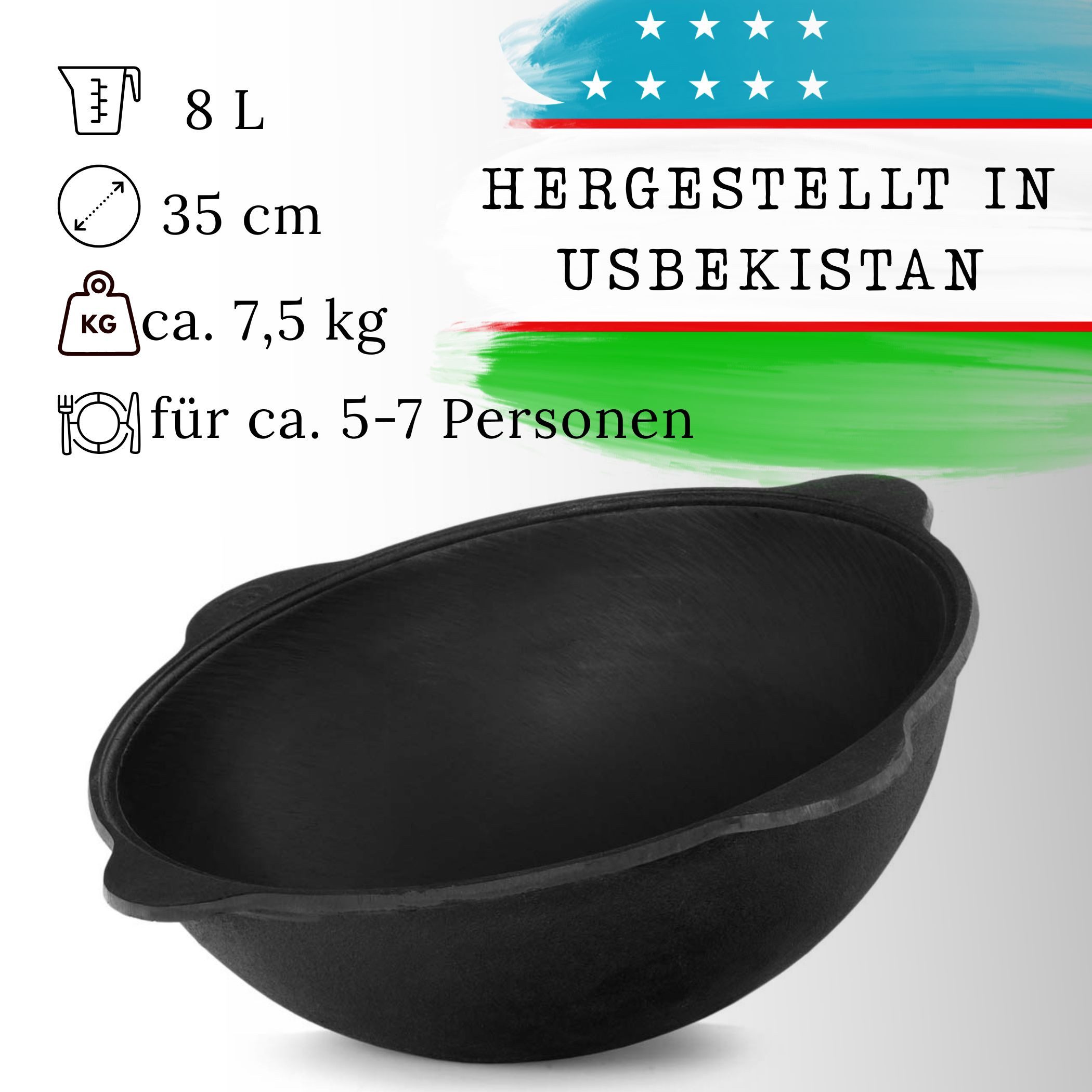 BIG-PAN Feuertopf Original Usbekischer Kasan 8 L Gusseisen Aluminium-Deckel Dutch Oven, Gusseisen (inkl. Schöpfkelle Schaumlöffel, Uzbekischer Kessel Namangan), asiatischer Topf für Plov Wok Eintöpfe