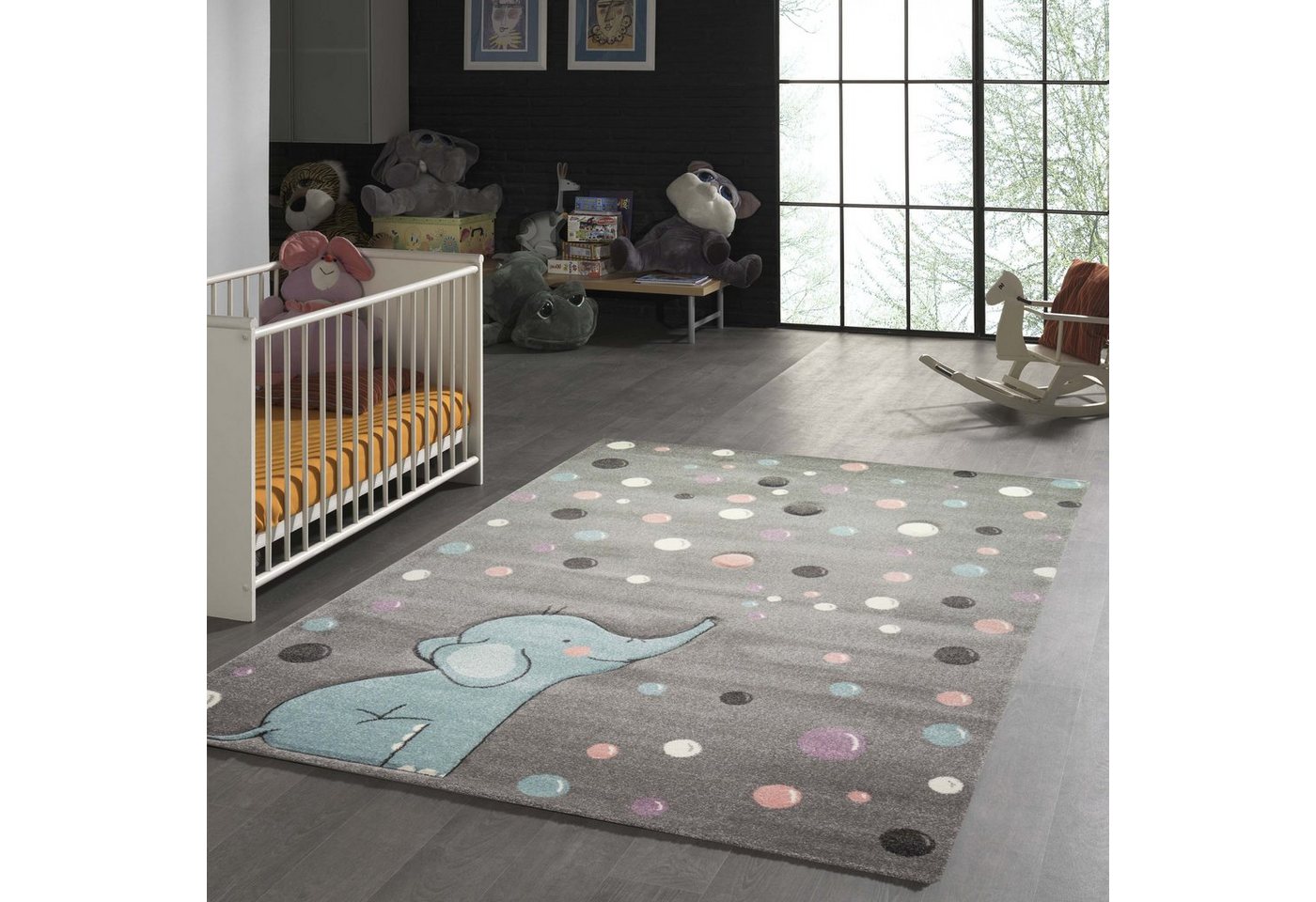 TeppichHome24 Kinderteppich Kinderteppich mit Punkten in grau blau, rechteckig, Höhe: 1.3 mm