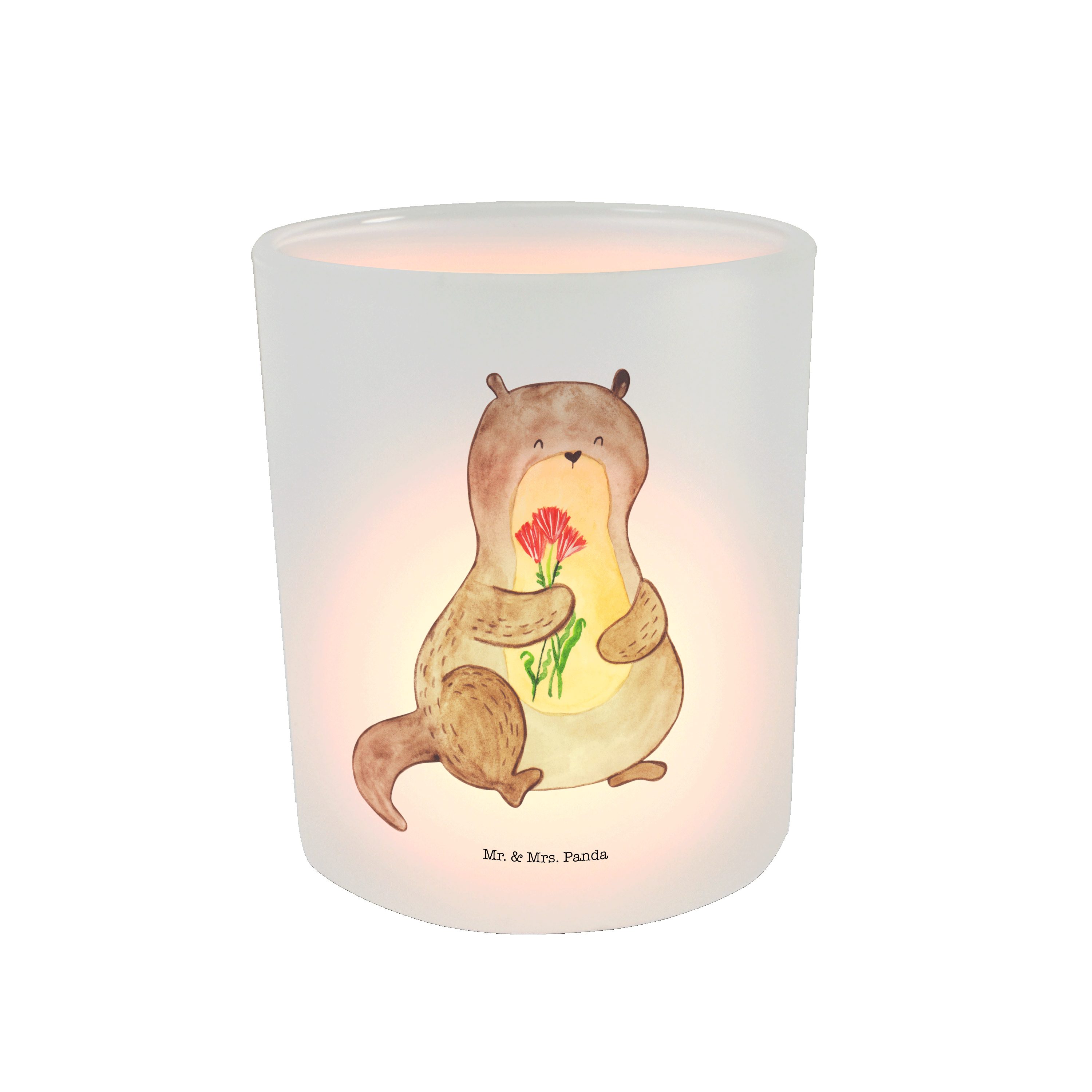Mr. & Mrs. Panda Windlicht Otter Blumenstrauß - Transparent - Geschenk, Teelichthalter, Teelicht (1 St)