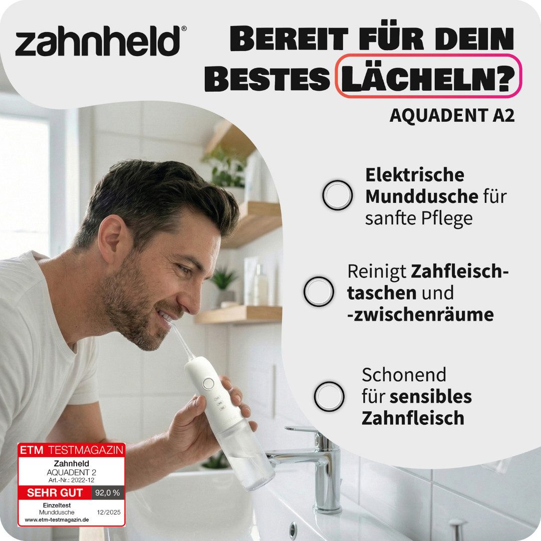 Zahnheld Munddusche Elektrische Zahndusche Aquadent für Zahnzwischenräume, Zahnpflege, Water Flosser, mit abnehmbaren Wassertank 170ml, weiß
