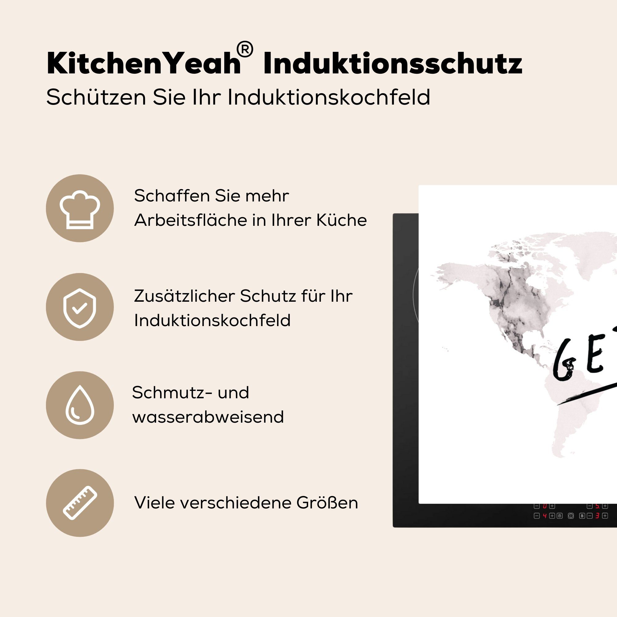 - Herdblende-/Abdeckplatte die Vinyl, (1 81x52 Induktionskochfeld - Ceranfeldabdeckung für küche, tlg), Marmor Weltkarte MuchoWow cm, Schutz Zitat,