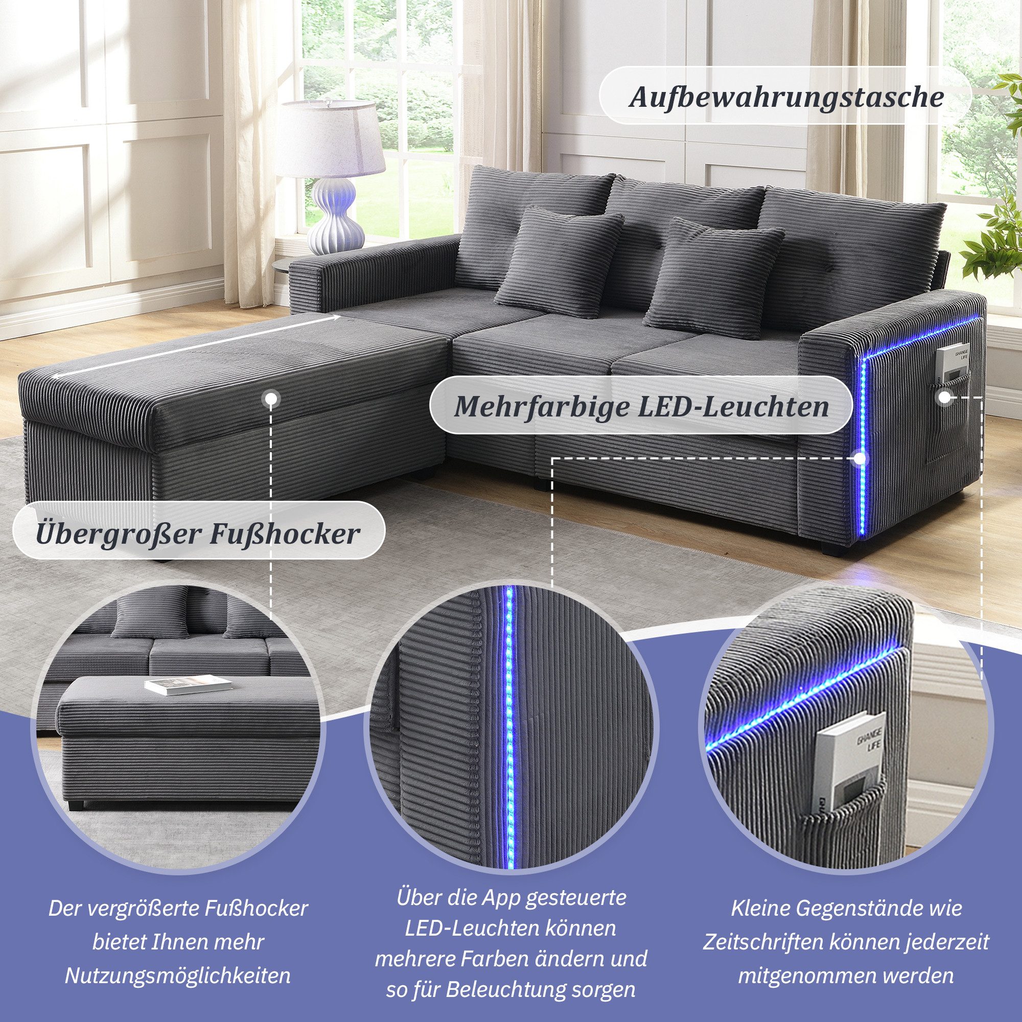 Merax 3-Sitzer L-förmiges Sofa mit LED-Beleuchtung, Wolkenweiches Sitzgefühl, Modulares Design, Cordstoff 1 Teile, 3-Sitzer Sofa mit Extra großer Ottoman, Seite – Bild 5 von 5