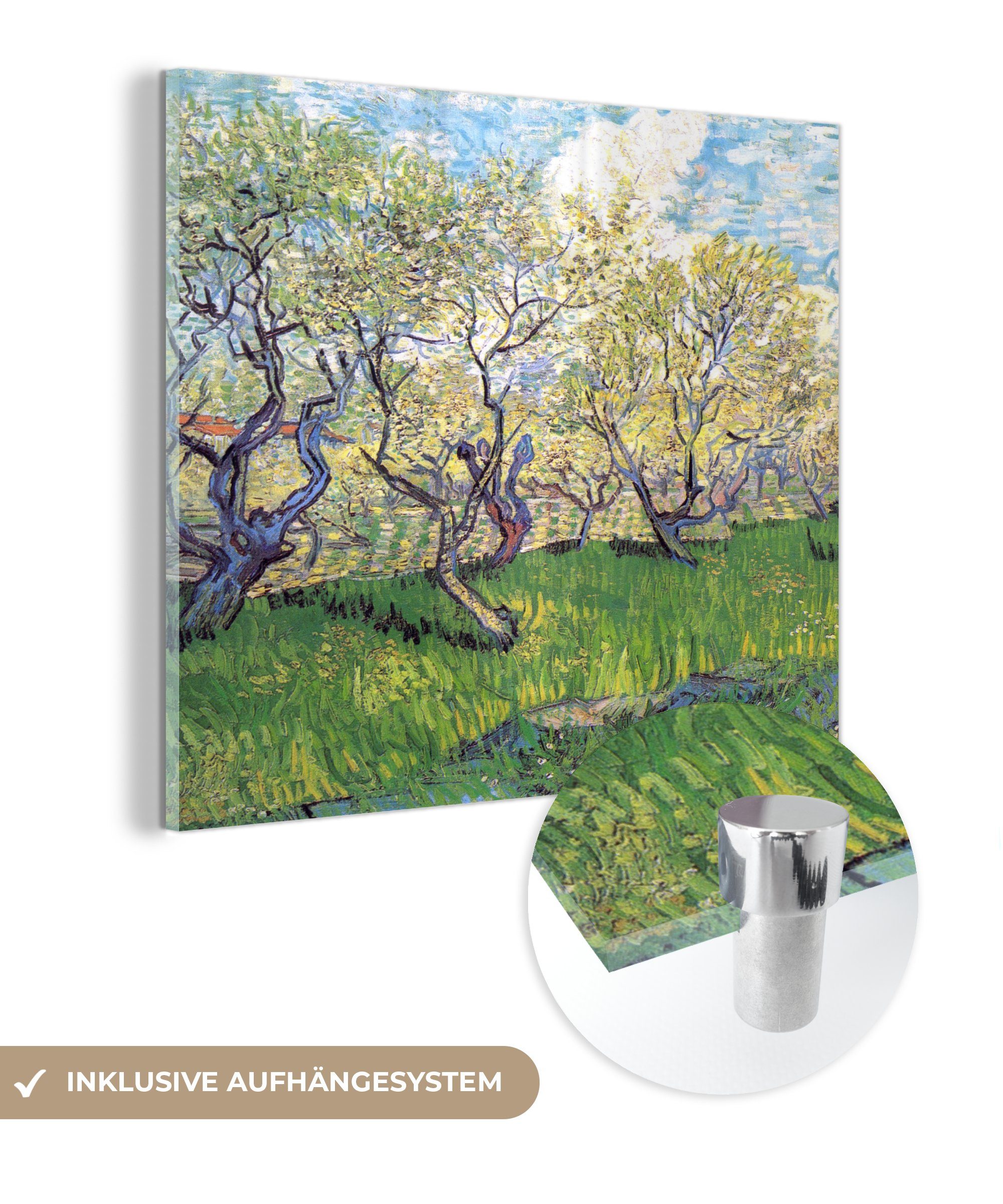 MuchoWow Acrylglasbild Obstgarten mit blühenden Bilder (1 - Gemälde auf Wandbild Pflaumen Vincent St), von - Wanddekoration Foto - Glasbilder - van Glas Glas auf Gogh