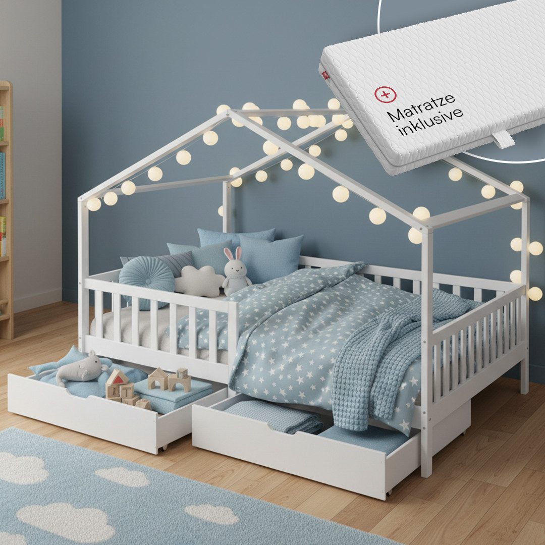 Bellabino Kinderbett Bia mit Rausfallschutz & Lattenrost (weiß, mit zwei Schubladen und Matratze), Kinderbett aus Kiefernholz, verfügbar in 80x160/90/120/140x200 cm