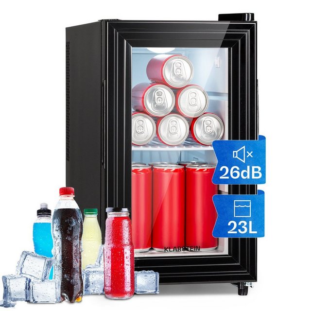Klarstein Table Top Kühlschrank HEA3-Brookly23-S 10039904, 48.5 cm hoch, 26 cm breit, Hausbar Minikühlschrank ohne Gefrierfach Getränkekühlschrank Glastür