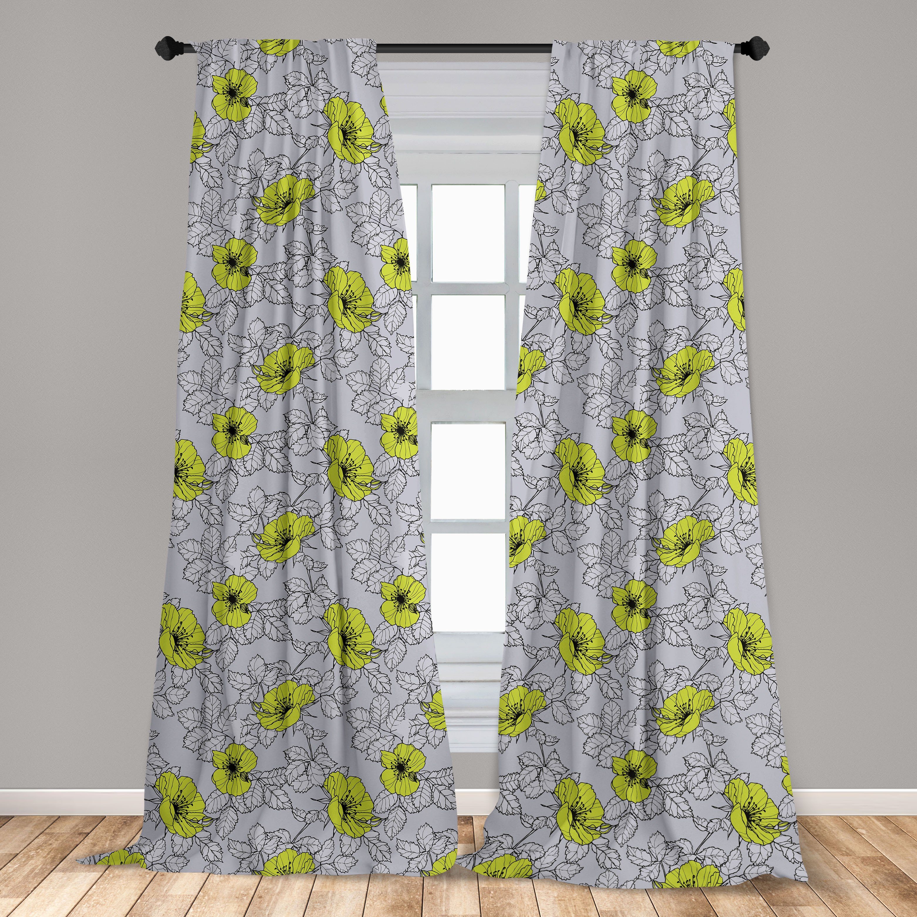Wohnzimmer Dekor, für Mohnblumen Blumen und Abakuhaus, Microfaser, Vorhang Schlafzimmer Graustufen-Blätter Gardine