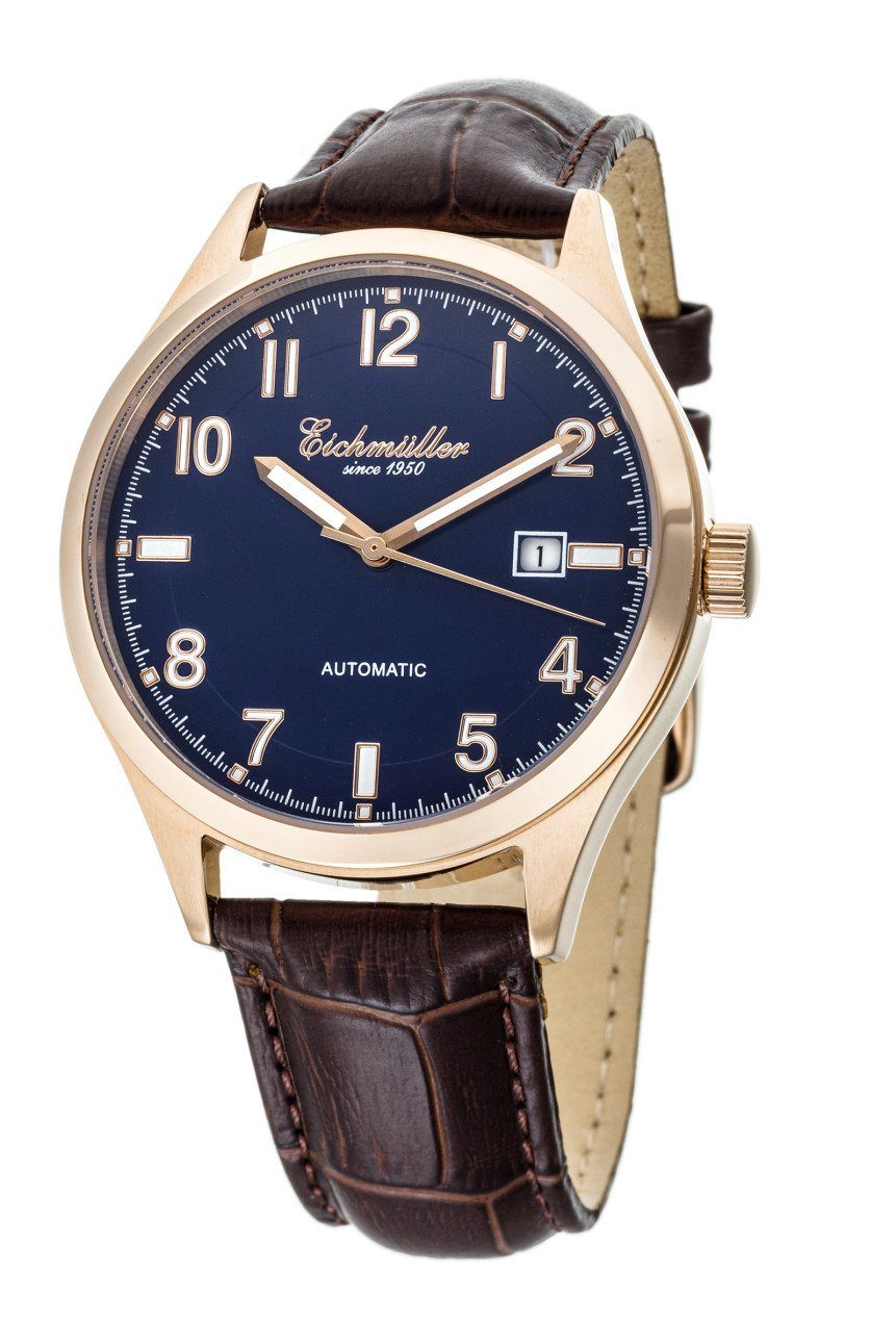 Eichmüller Automatikuhr RE7039 Herrenuhr Blau Rose Lederband braun 41 mm