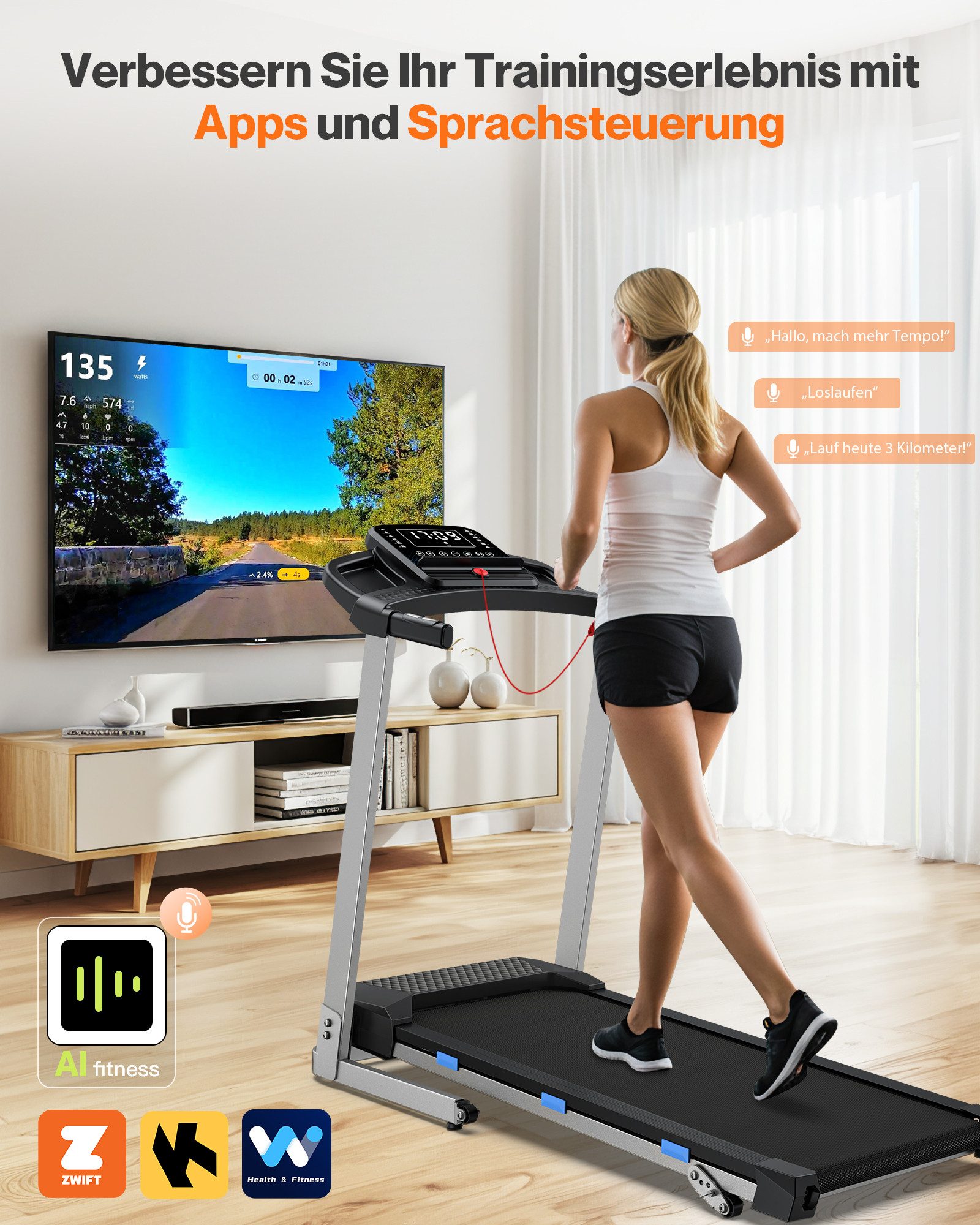 Cardirun Laufband mit Steigungsfunktion – 3,0 PS leises Modell für Zuhause, Klappbar (1-tlg., Pulssensor, Bluetooth-Lautsprecher, LED-Display, Transportrollen), Max. Belastbarkeit 160 kg, 12 km/h & App-Steuerung
