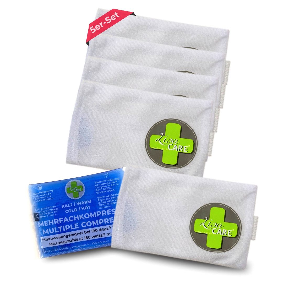 LisaCare Kalt-Warm-Kompresse Kühltaschen - Vlieshülle - Vliesstoffhüllen, Spar-Set 5-tlg., Mit Gummiband & Klettverschluss!