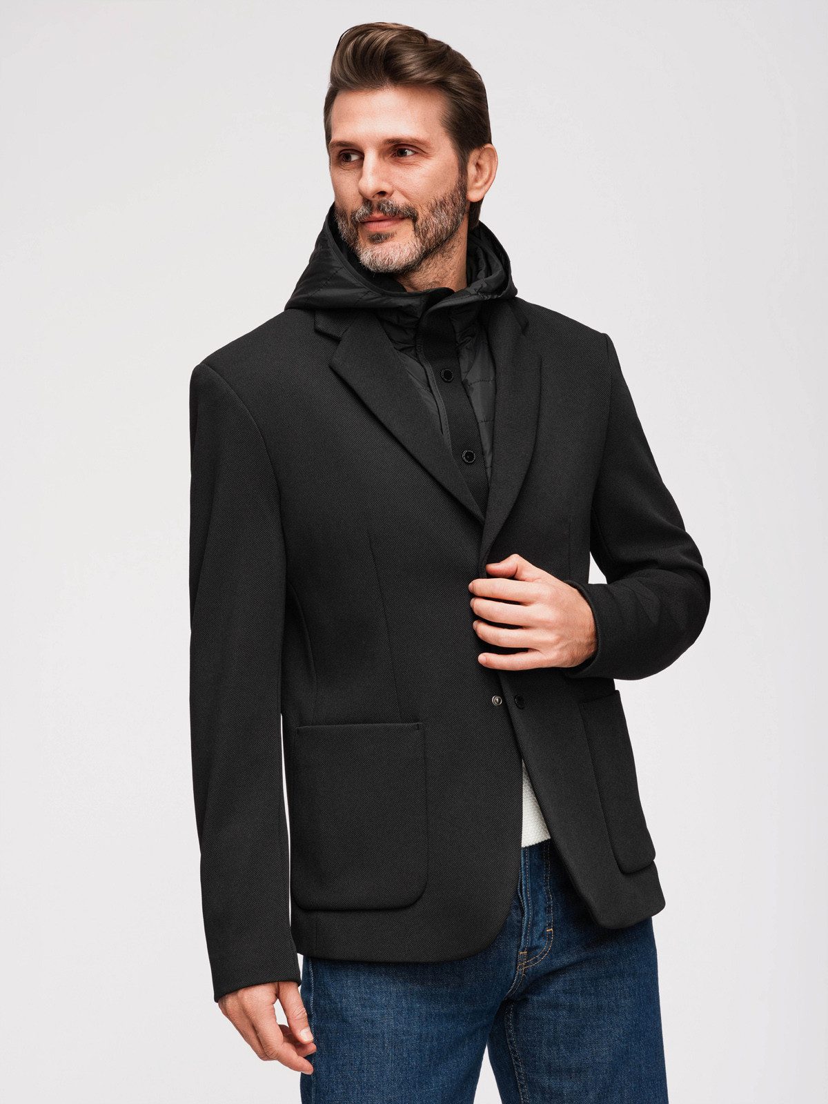 OMBRE Sakko mit Kapuze Herren Blazer mit abnehmbarer Kapuze Casual Schwarz M (kein Set, 1-tlg) leicht gefüttert
