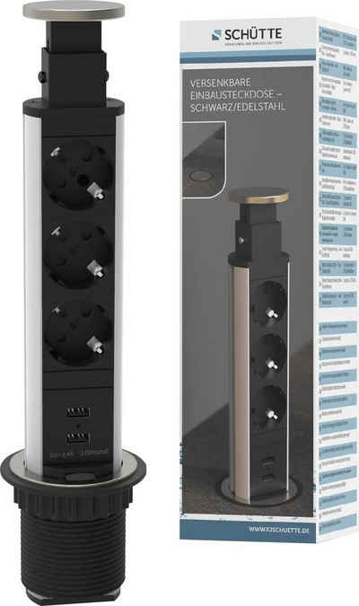 Schütte E1 Einbau-Tischsteckdosenleiste 3-fach (Schutzkontaktstecker, Kabellänge 2,3 m), versenkbar, 3-fach und 2 x USB