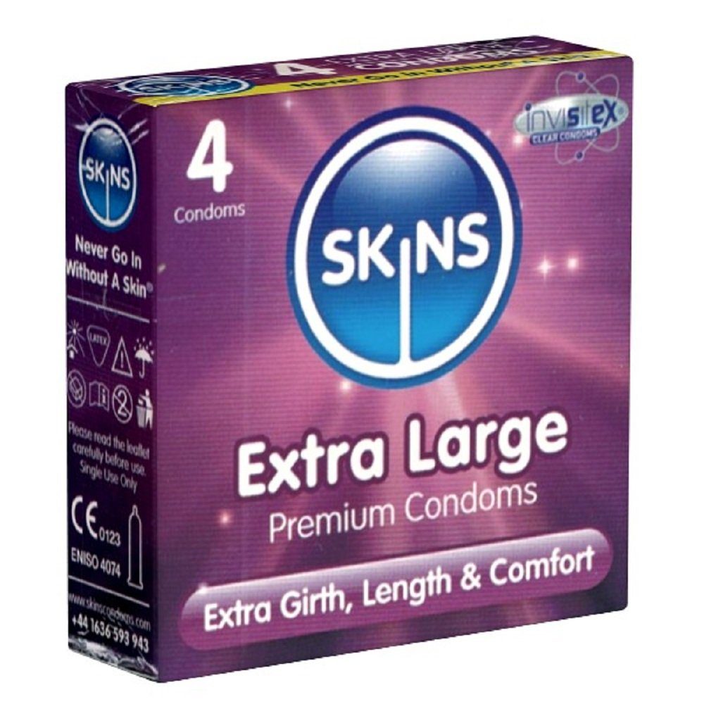 SKINS Condoms XXL-Kondome Extra Large, samtweiche Oberfläche, fühlt sich an wie "echt", Packung mit, 4 St., XXL Kondome mit Vanille-Duft, durchsichtiges Latex (kristallklar), kein Latexgeruch