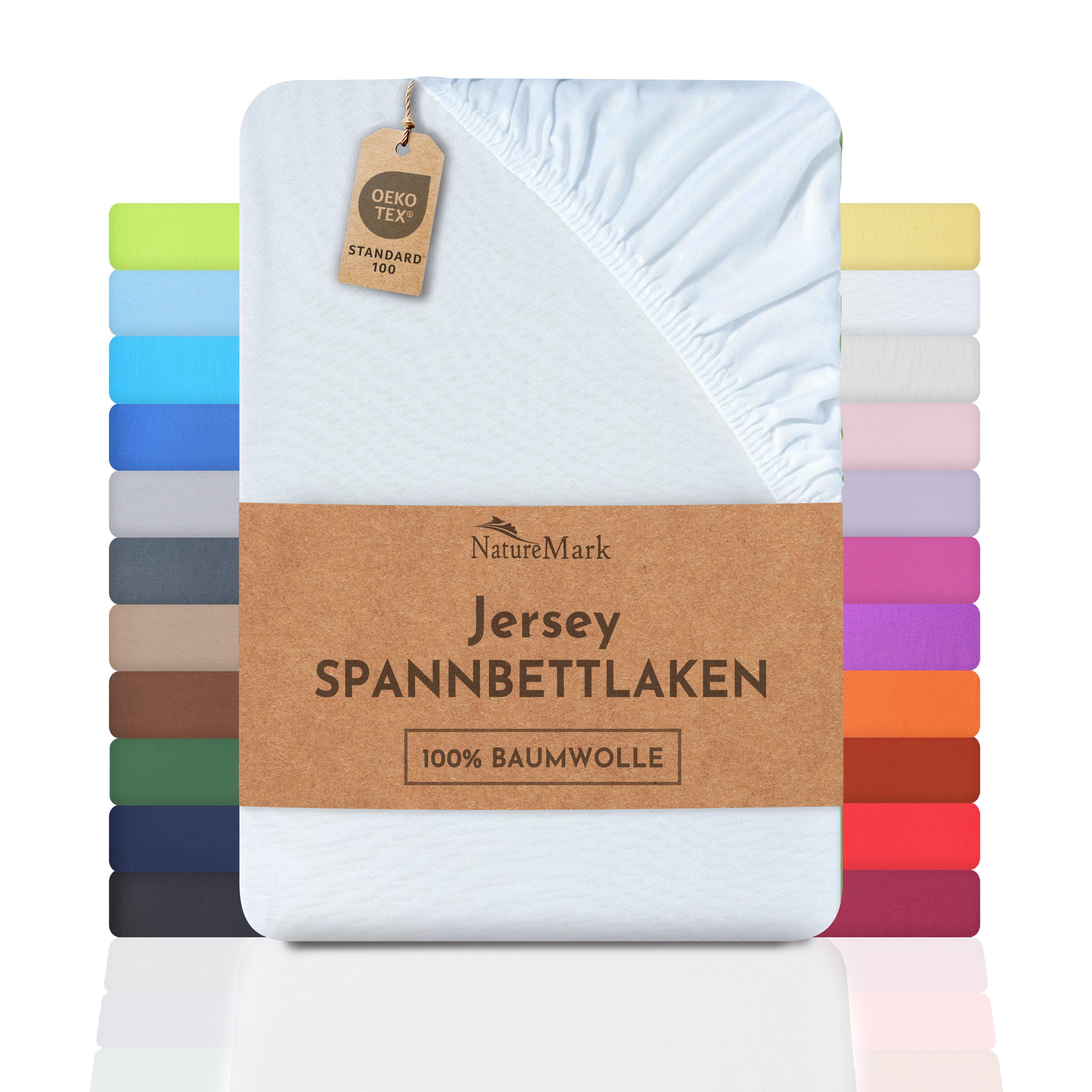 NatureMark Натяжні простирадла Jersey Basic Spannbetttuch, 100% Baumwolle, Gummizug: rundum, (1 Stück), in vielen Größen und Farben, bis 40cm Steghöhe, 200x220cm, Weiß