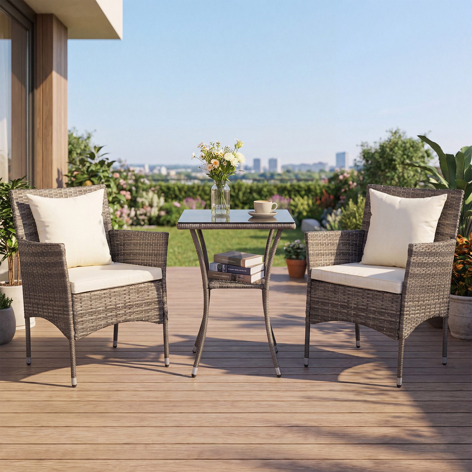 COSTWAY Balkonset, (3-tlg), 2 Personen, Rattan, 2 Sessel & Glastisch, mit K günstig online kaufen