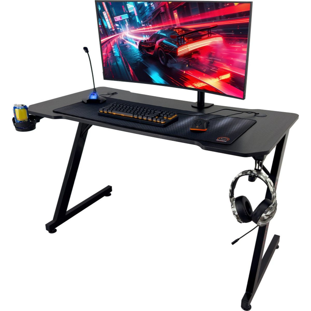Qware Gaming Schreibtisch Gaming Tisch 120 × 60 cm Schreibtisch für Gamer mit Zubehörhalterung