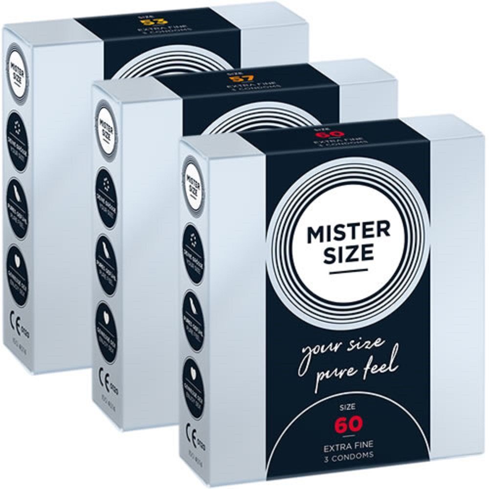 MISTER SIZE Kondome Probierpack L (53mm, 57mm, 60mm) 3 Größen zum Testen, Packung mit 3 x 3 Kondomen, ingesamt, 9 St., Maßkondome, vegan, extra dünn & extra fein, das passende Kondom in Ihrer Größe