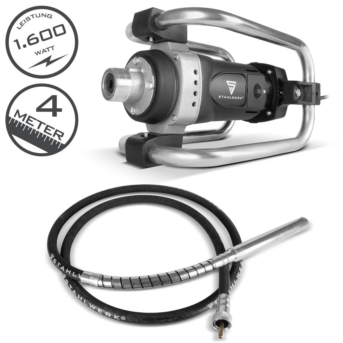 STAHLWERK Betonmischer Betonverdichter 1.600 Watt Rüttelflasche Set 400 cm Länge