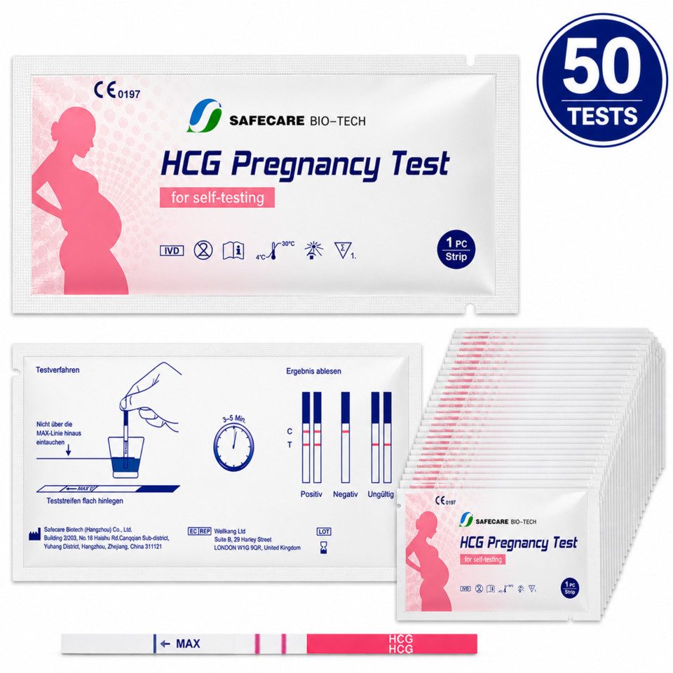 Safecare Bio-Tech Schwangerschaftstest Früh Schwangerschaftests SST - 99% Ergebnisse in 3-5 Minuten, Teststreifen, 50-tlg., Schnelles Ergebnis, einfache Handhabung, hohe Genauigkeit