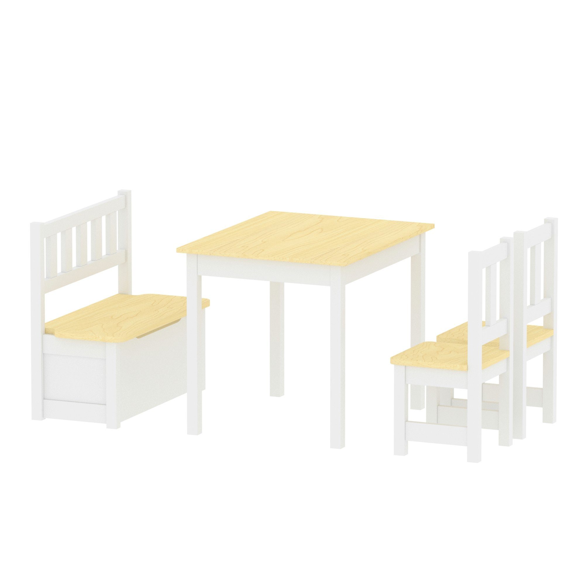 en.casa Kindertisch, »Lousame« Sitzgruppe Stuhl Natur/Weiß Tisch 2x Sitzbank Kiefernholz