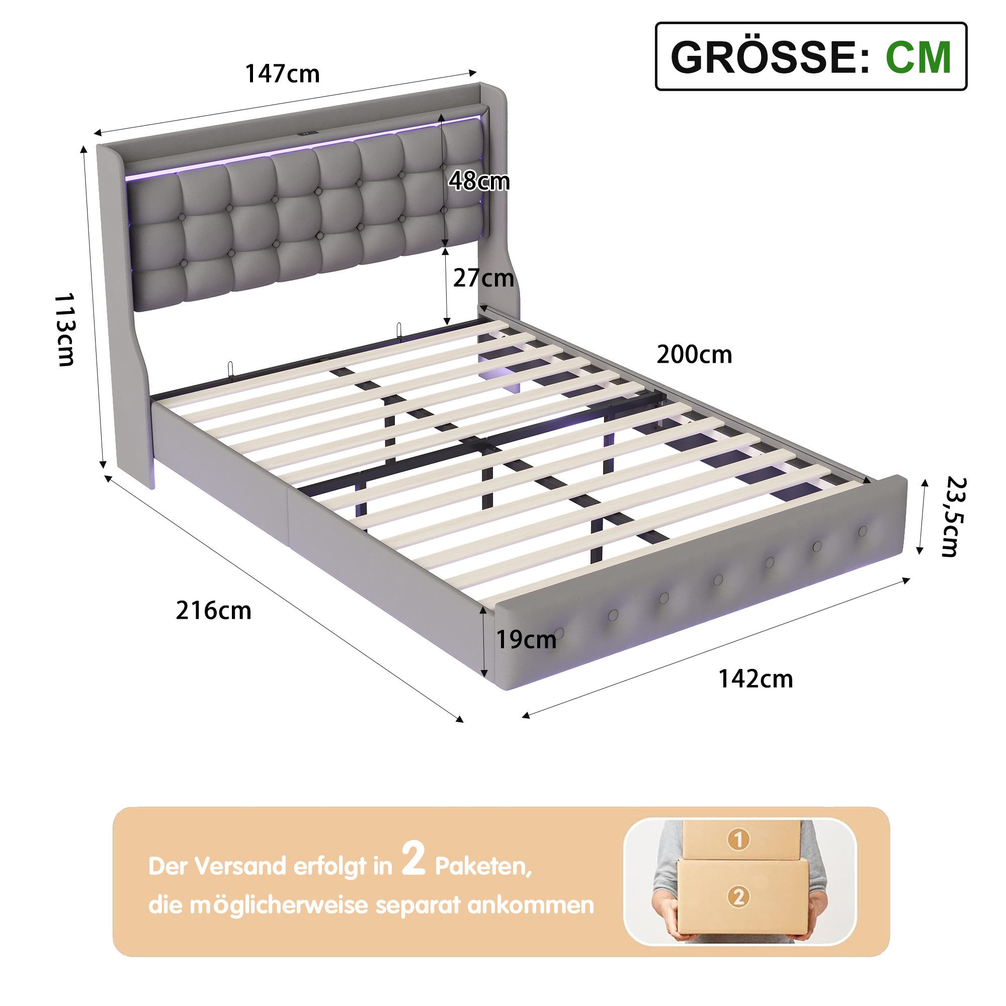 Simurq Polsterbett Schwebebett mit LED-Beleuchtung und USB, Doppelbett 140x200cm (Packung, 1-tlg., Jugendbett mit Kopfteil, Samtstoff), Schwebender visueller Effekt