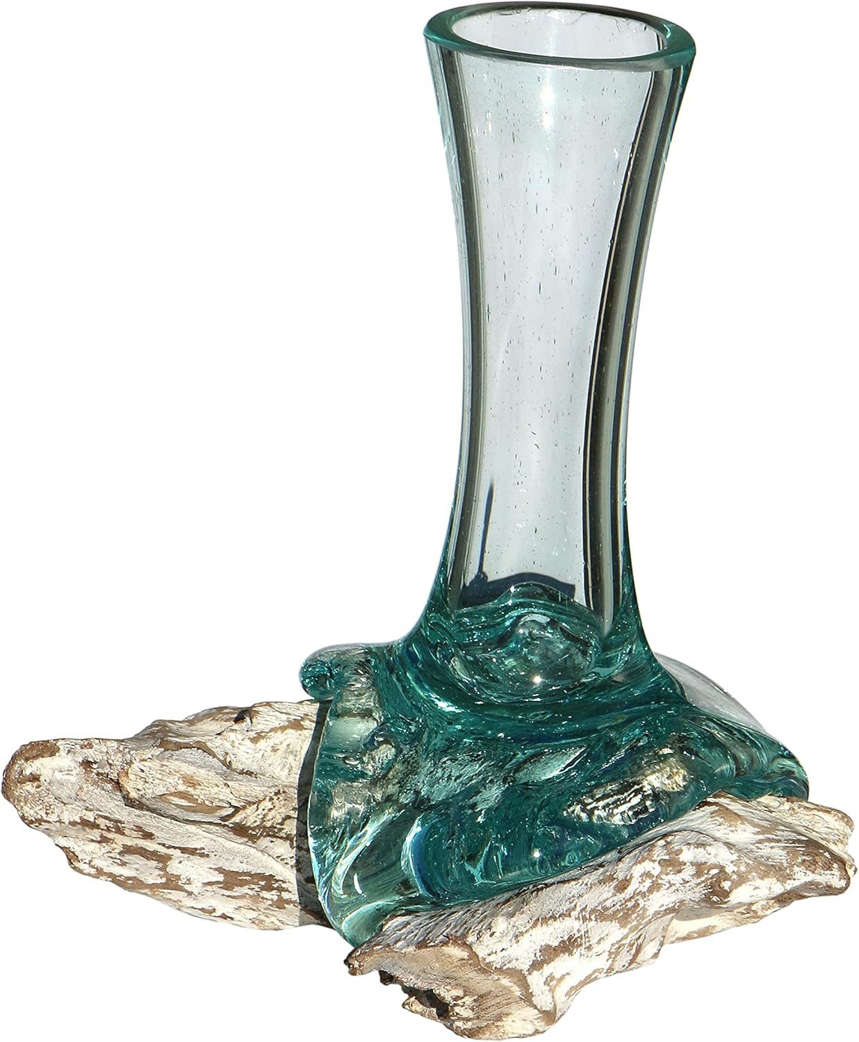 Wogeka Dekovase Glas-Vase 20cm auf weißem Wurzelholz Kanne Teakholz Gamal Bali