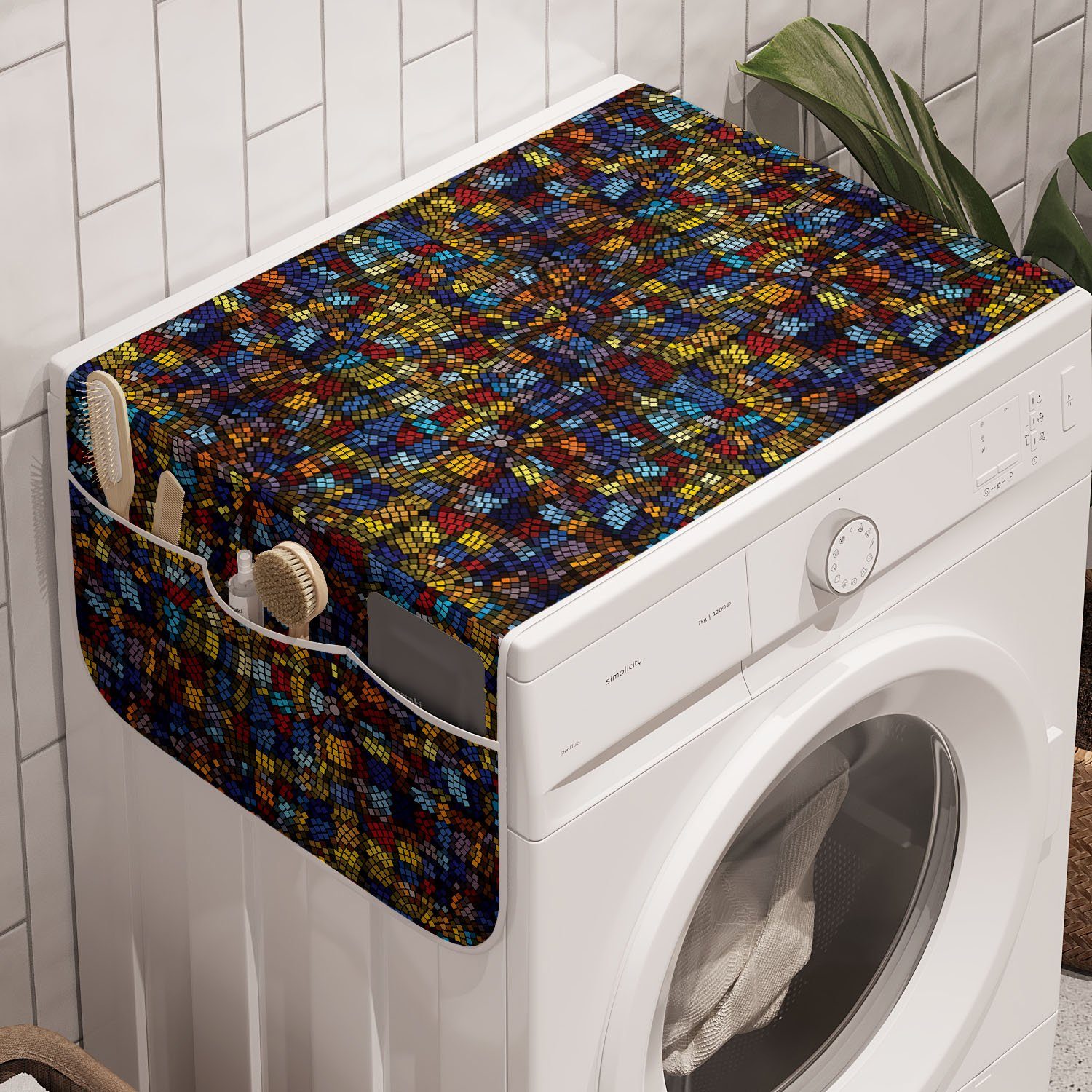 Abakuhaus Badorganizer Anti-Rutsch-Stoffabdeckung für Waschmaschine und Trockner, Antiquität Victorian Mosaik-Fliesen