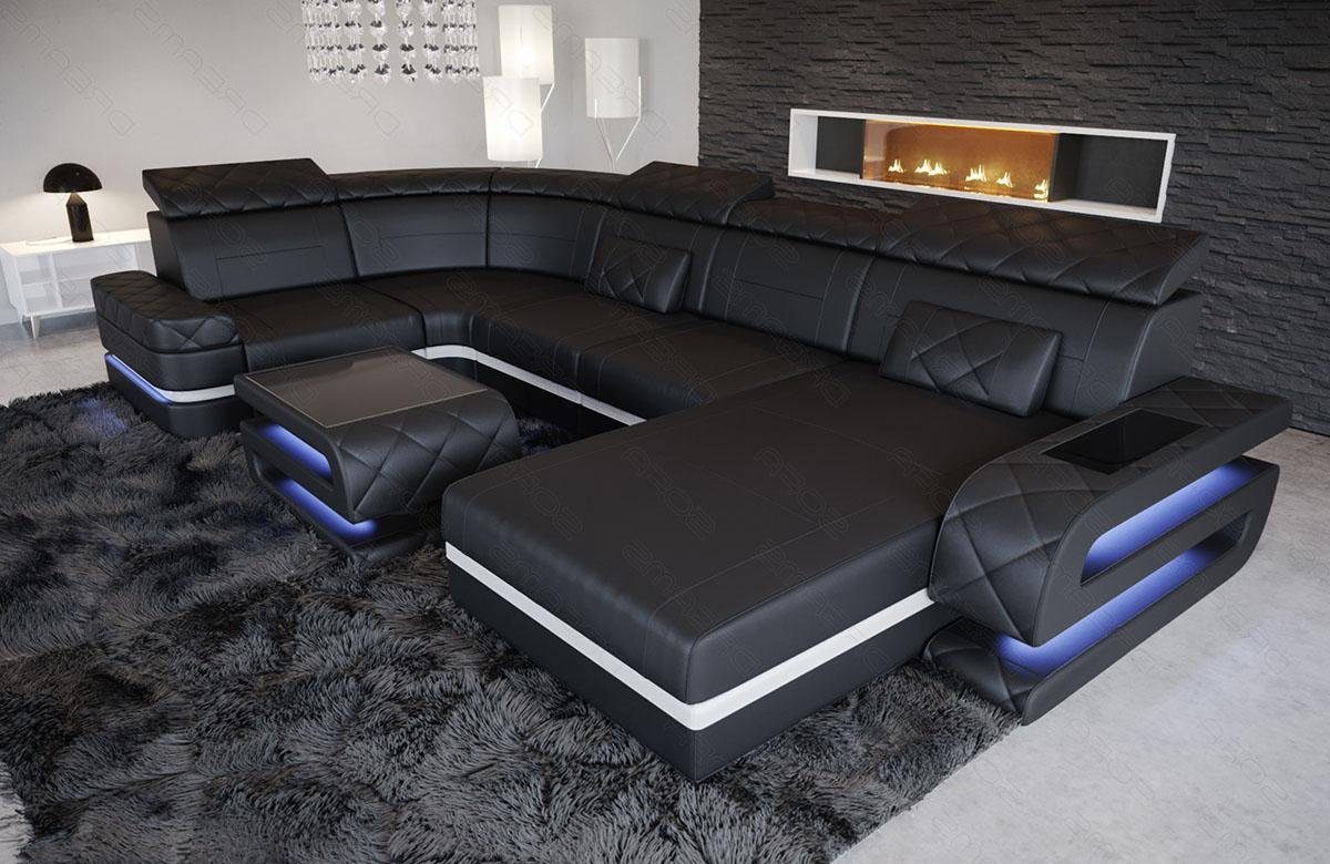 Sofa Dreams Wohnlandschaft Bologna U Form Leder, 6-Sitzer, Couch, opt. Schlaffunktion, Kopfstützen, Farbwechsel-LED