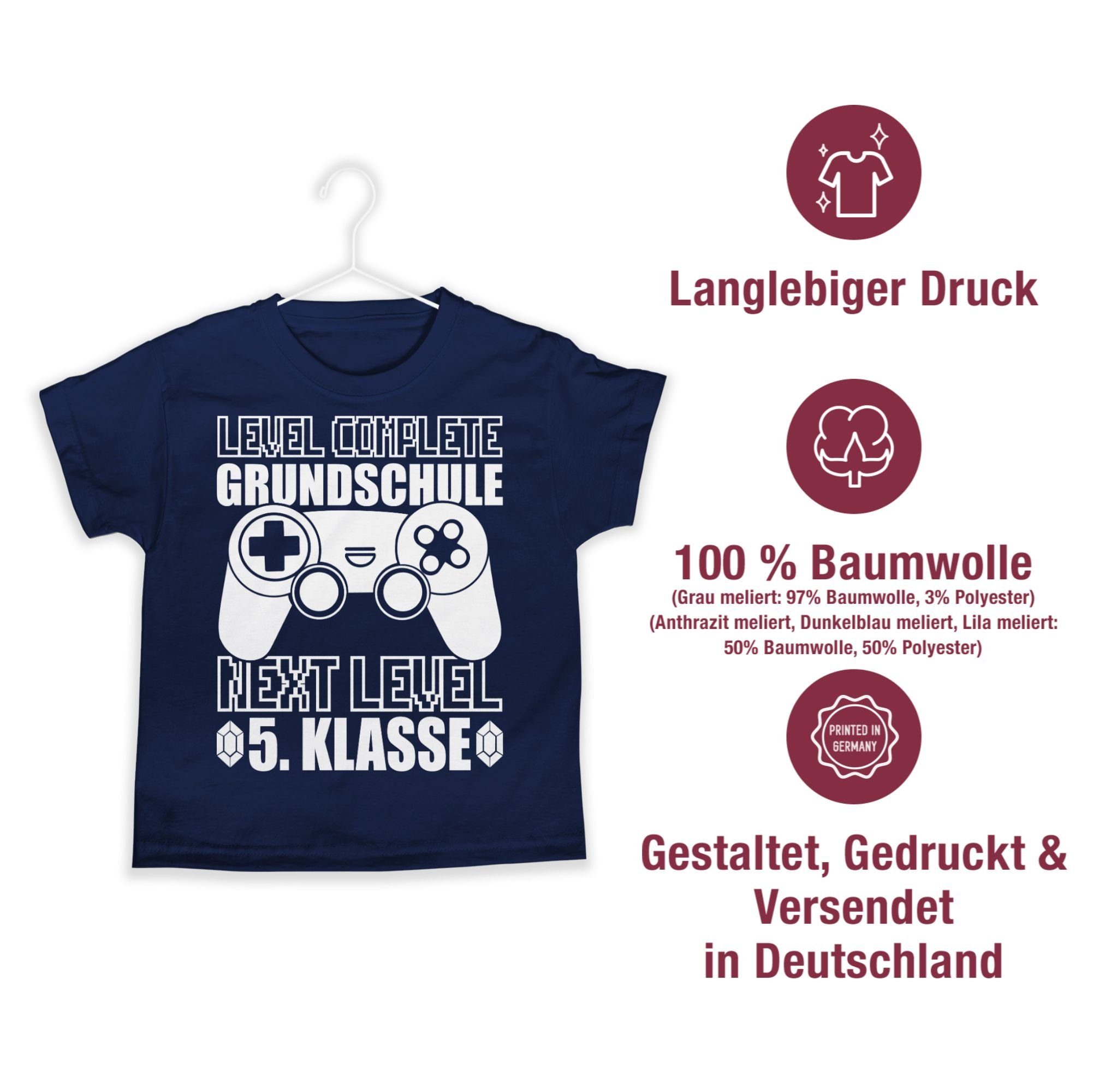 Shirtracer T-Shirt Level complete - Next weiß Einschulung Schulanfang Dunkelblau Grundschule 5. Junge Level 02 Geschenke - Klasse