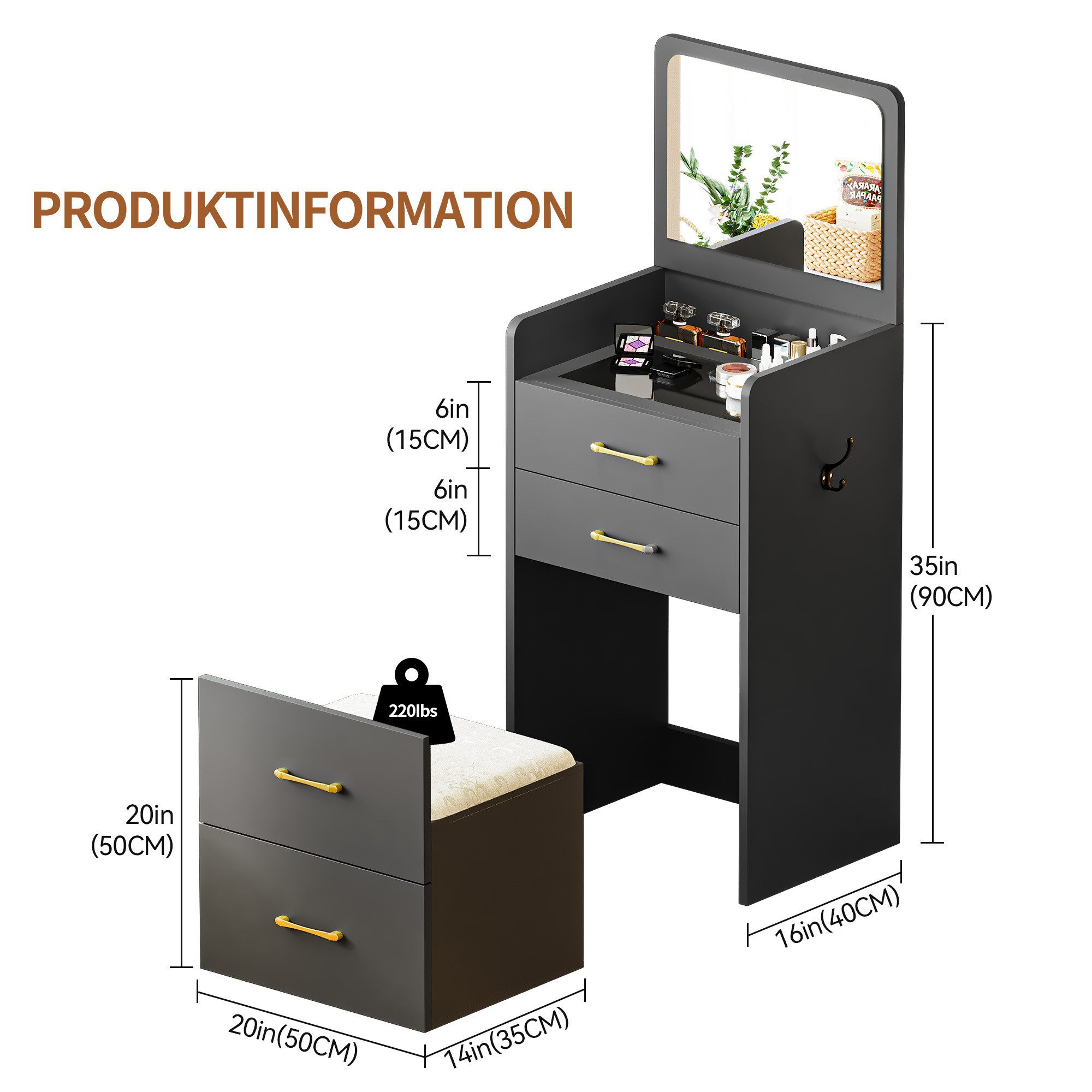 LVifur Schminktisch mit Spiegel und Hocker, platzsparender Kosmetiktisch mi günstig online kaufen