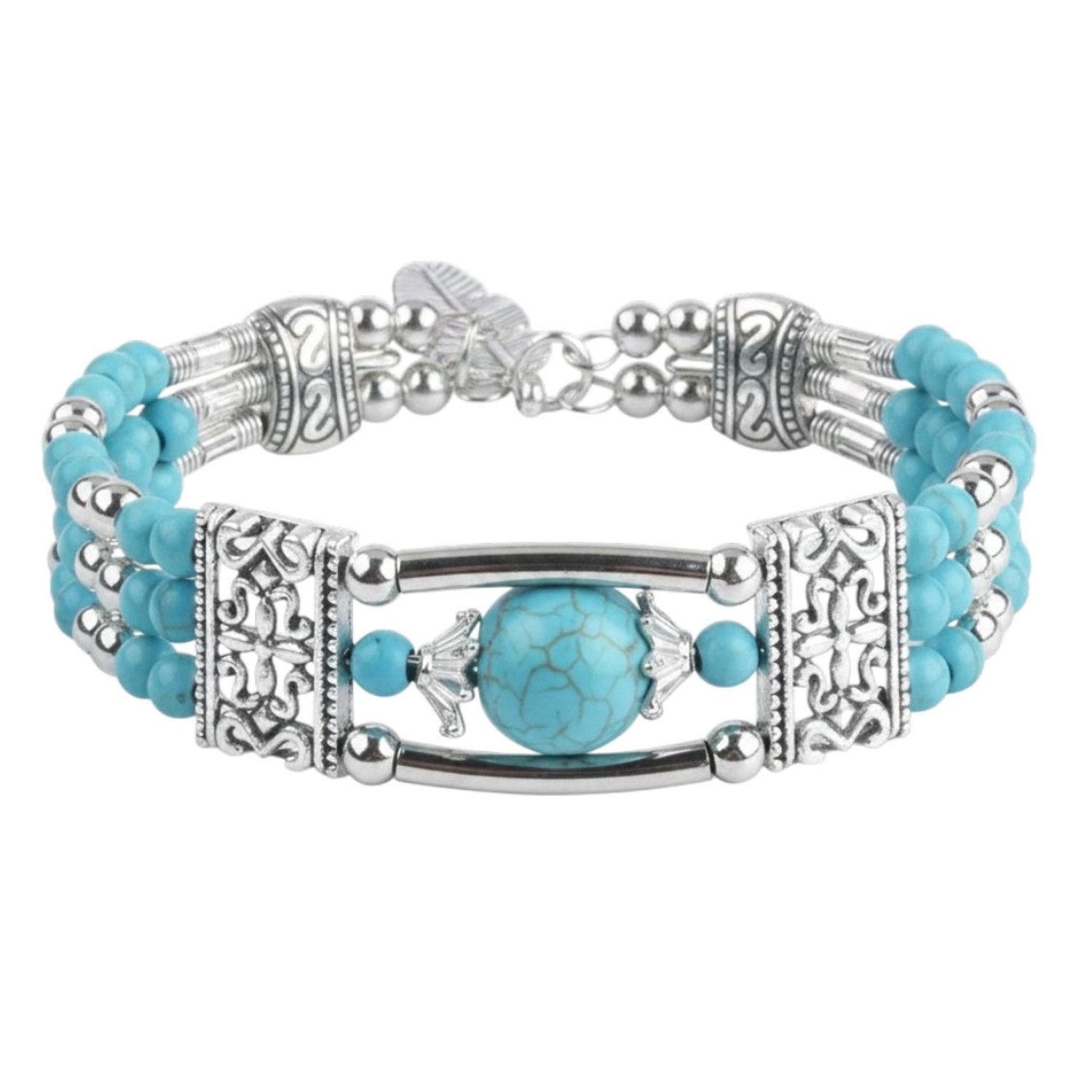 KARMA Armband Damen Vintage Boho Altsilber Türkis 6 cm (1-tlg., Schmuck für Frauen Metall Naturstein), Damenarmband Silber Karabinerverschluss