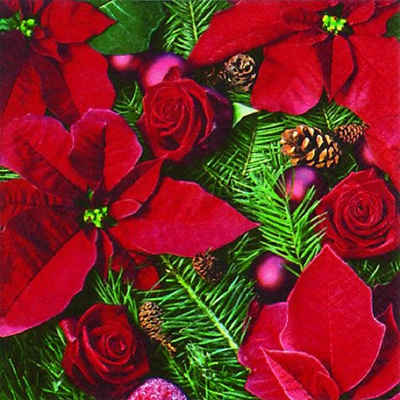 Linoows Papierserviette 20 Servietten Weihnachten, Weihnachtsstern und Tannengrün, (Packung), Motiv Weihnachten, Weihnachtsstern und Tannengrün