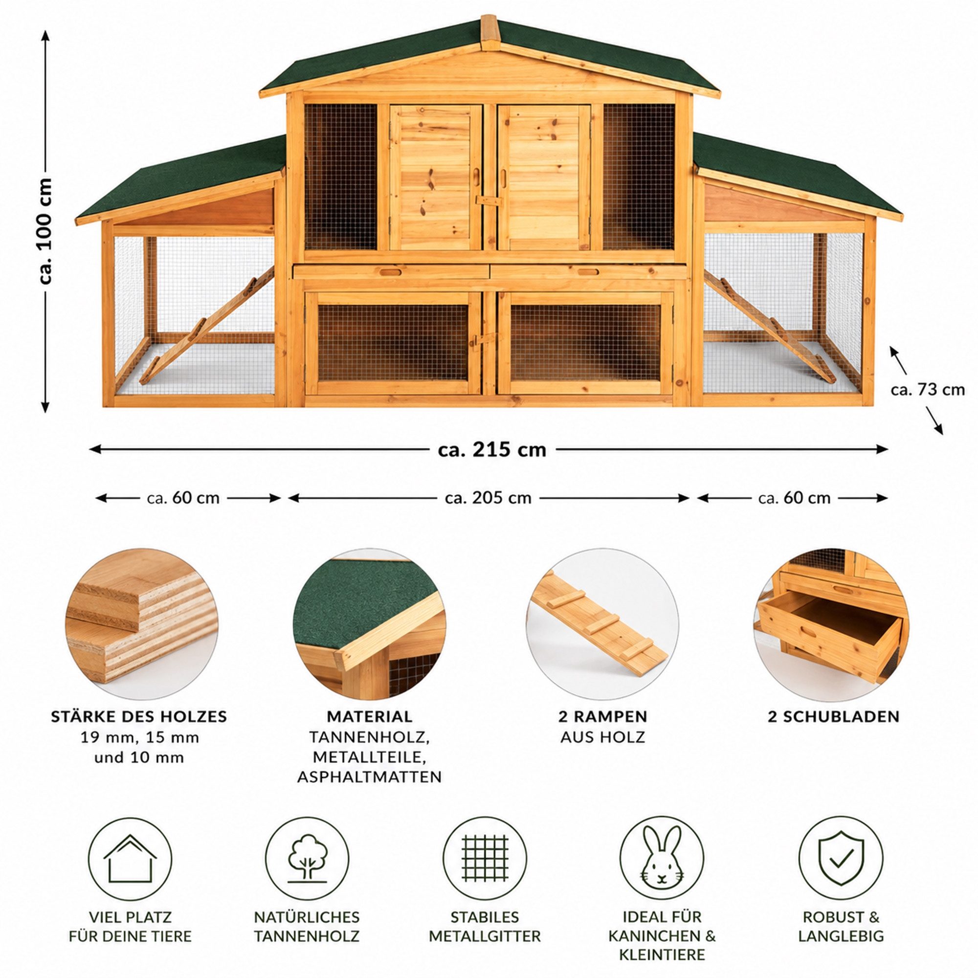 Mucola Tierhaus Hasenstall Holz Freilauf Freigehege Kaninchenstall Hasenkäfig, Mehrere Boxen, 2 Rampen, 2 Schubladen