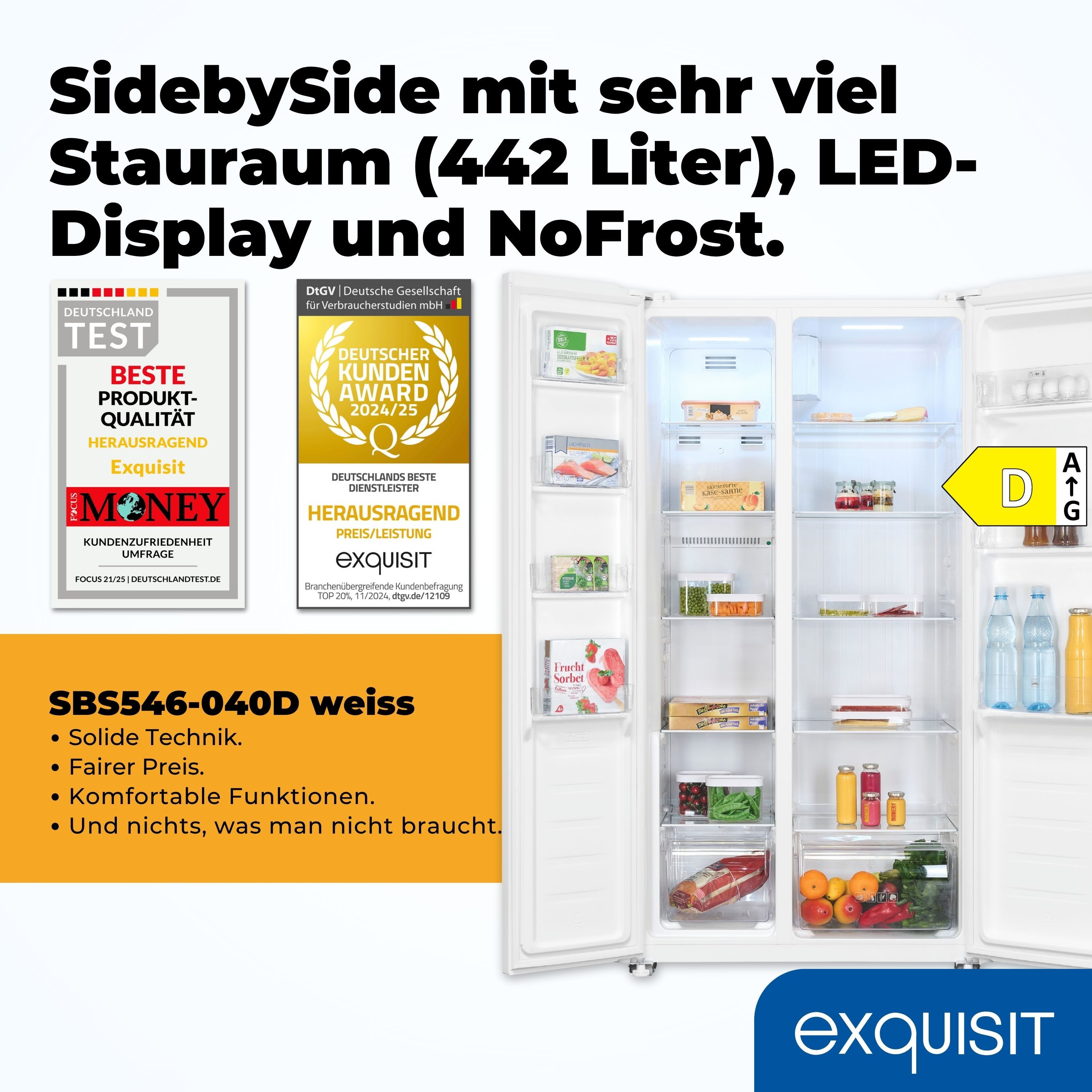 exquisit Side-by-Side SBS546-040D, 177 cm hoch, 91 cm breit, No Frost, Temperaturanzeige, Temperaturregelung, Innenbeleuchtung