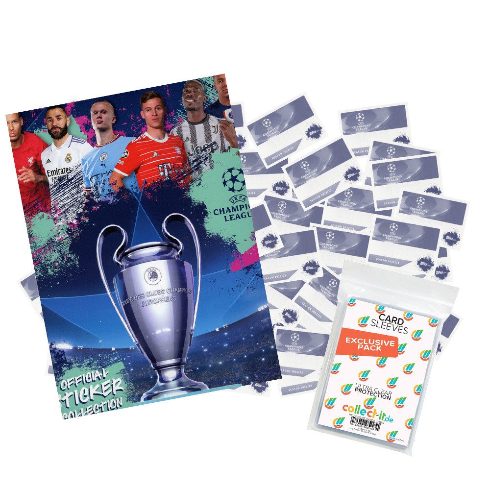 Topps Sammelkarte Champions League 2022/23 Sammelsticker Komplettsatz + Album +Sleeves