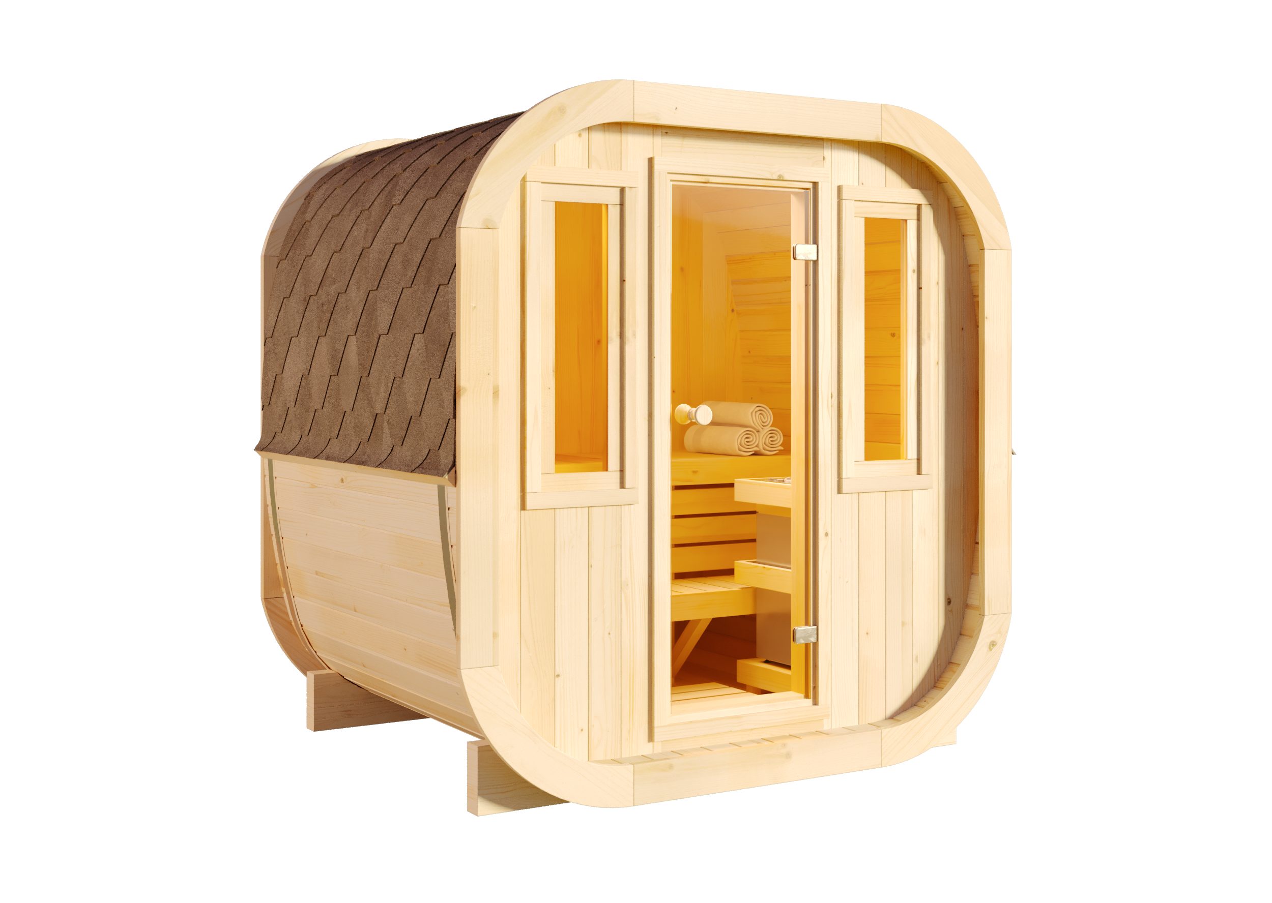 FinnTherm Fasssauna ScandiCube Mini XS, BxTxH: 210 x 166 x 214 cm, 42 mm, in Naturbelassen Mit 2 Fenstern