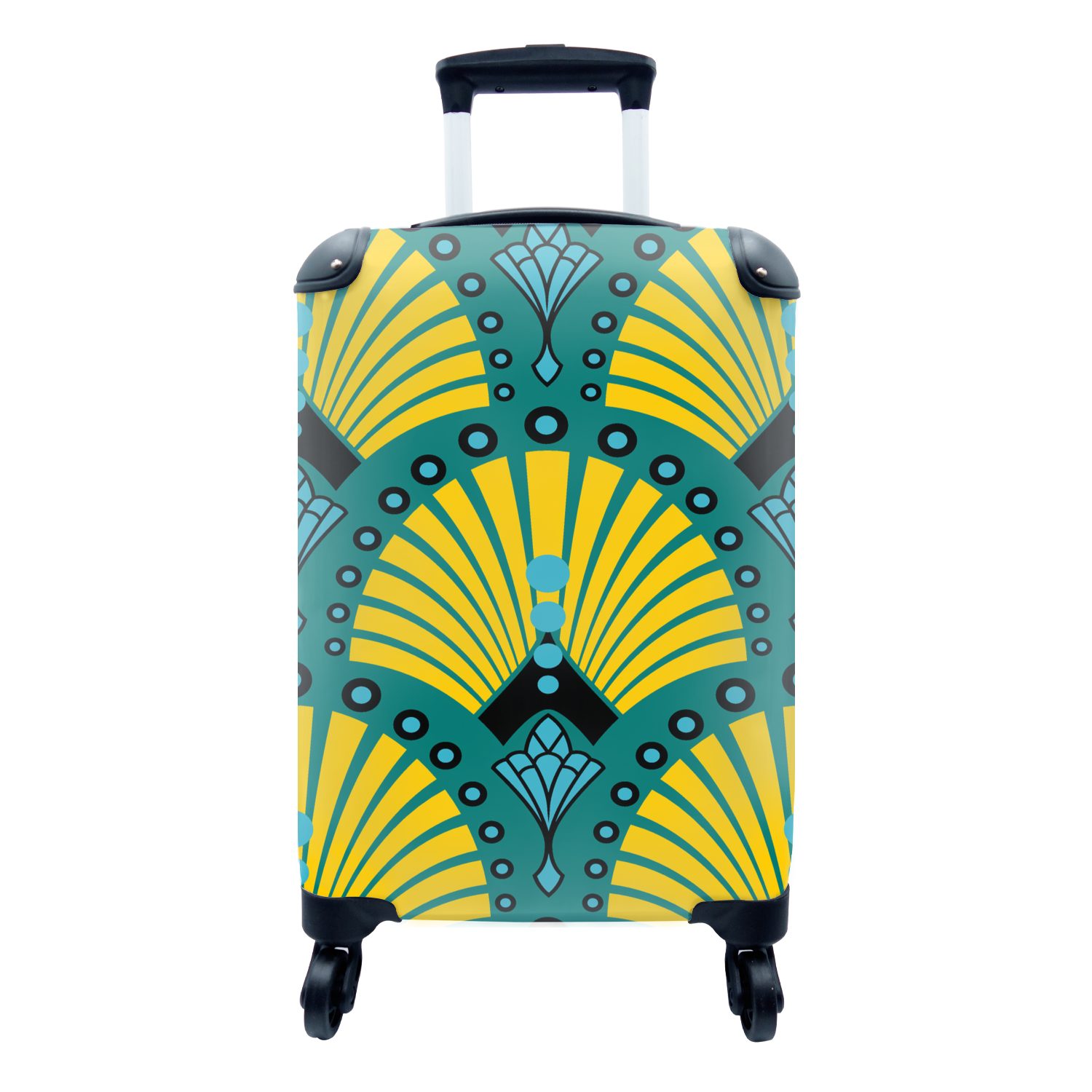 MuchoWow Handgepäckkoffer Art Deco - Muster - Blau - Gelb, 4 Rollen, Reisetasche mit rollen, Handgepäck für Ferien, Trolley, Reisekoffer