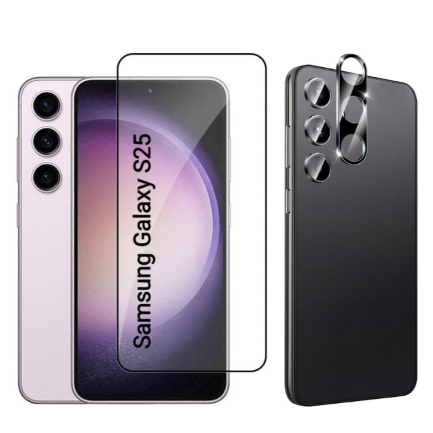 CLM-Tech Displayschutzglas 1X Schutzfolie für Samsung Galaxy S25 Panzerfolie 1X Kameraschutz für Samsung Galaxy S25 6,17 Zoll, 2er Set Kameraglas Panzerglas Displayschutz 9H Glas Folie, 2 Stück, Unterstützt Fingerabdruck-ID