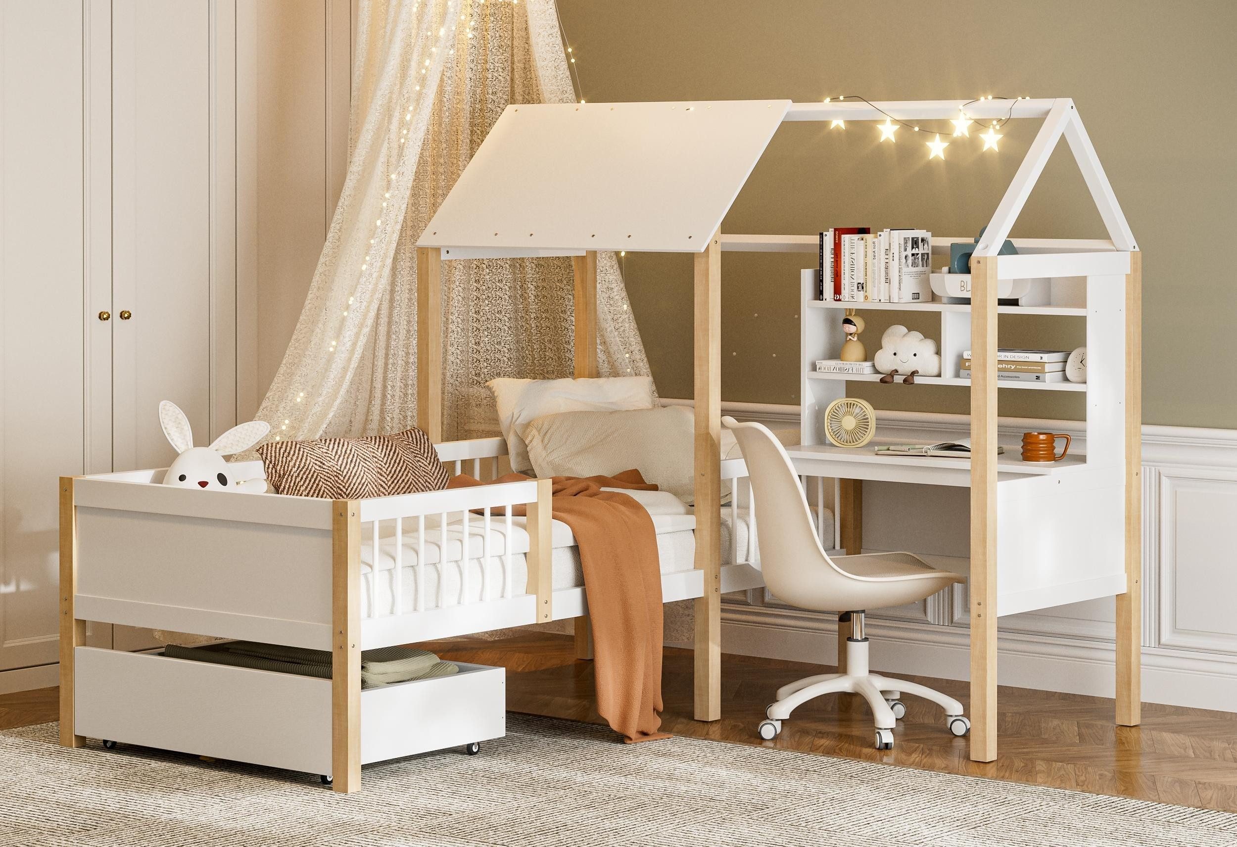 LVHOM Hausbett 90x200,Schreibtisch,Schubladen mit Rollen,Rausfallschutz & günstig online kaufen