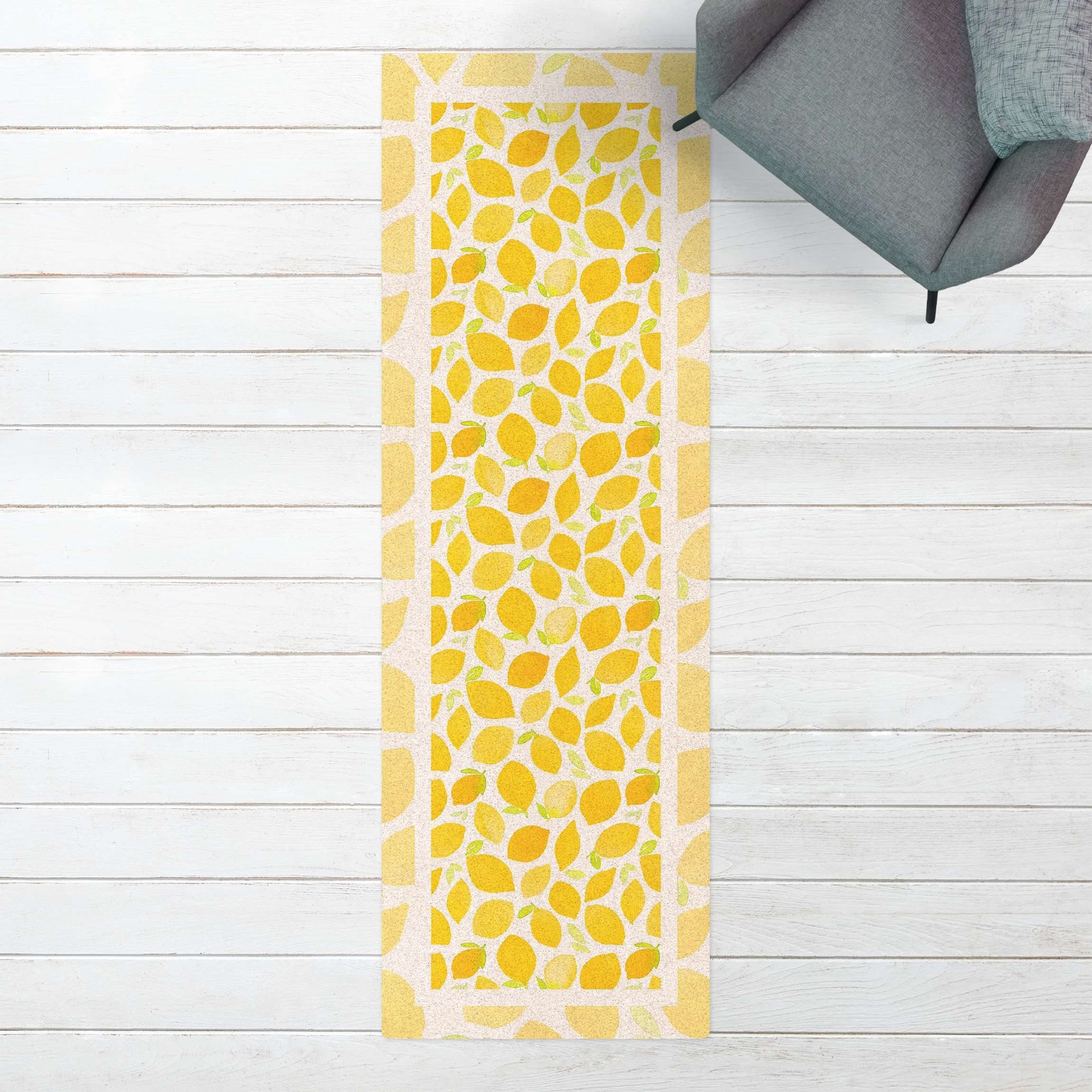 Bilderdepot24 Läufer Küche Kork Innen Aquarell Zitronen Blättern Rahmen modern funktional