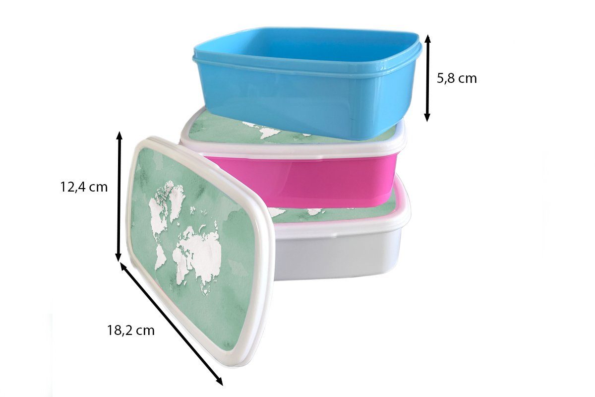 Erwachsene, Snackbox, (2-tlg), - für Kunststoff, MuchoWow Kunststoff Grün - Weltkarte Kinder, Aquarell, Lunchbox Brotbox Mädchen, Brotdose rosa