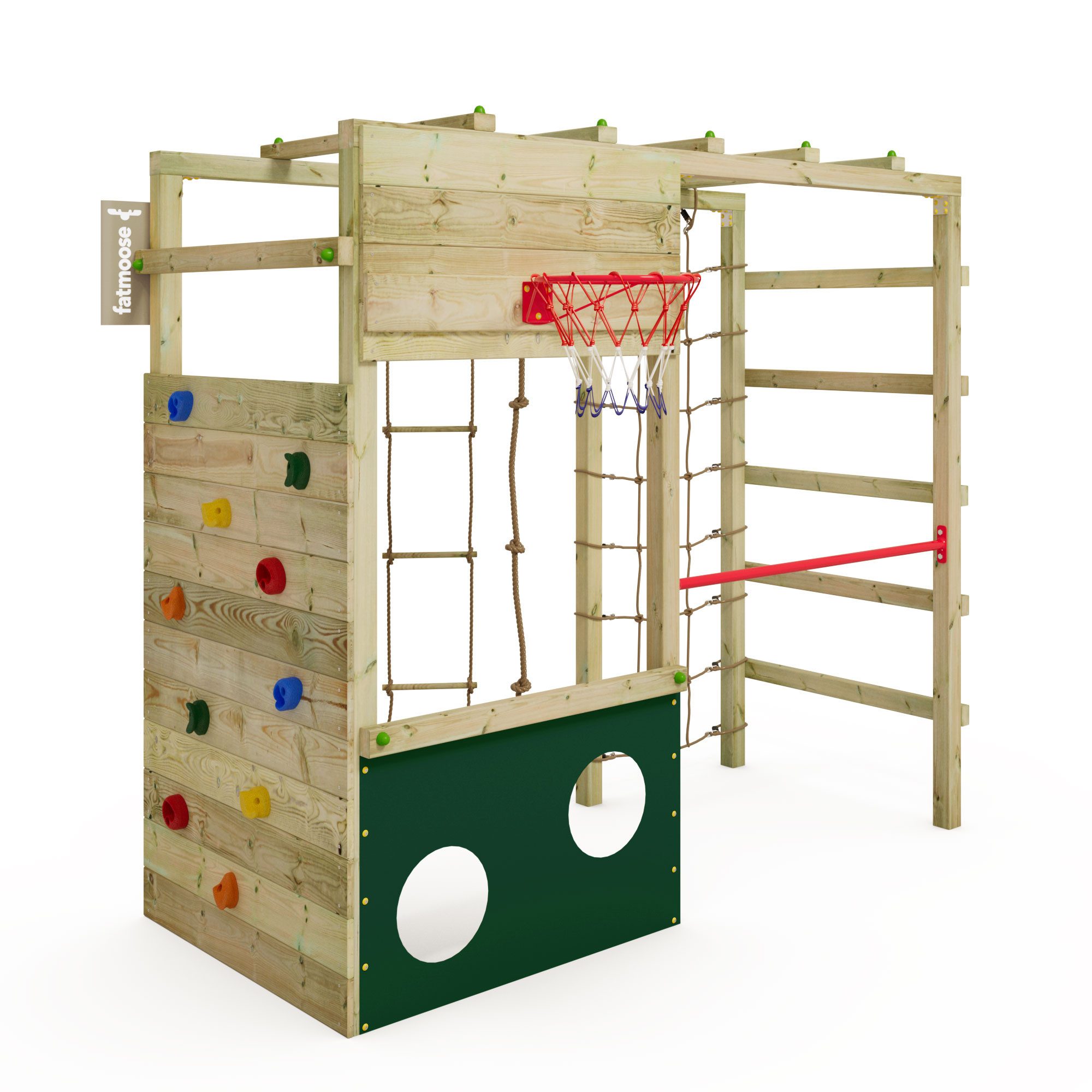 FATMOOSE Klettergerüst CleverClimber – Klettergerüst mit Kletterwand & Basketballkorb, (Multifunktionaler Kletterturm mit Kletternetz, Strickleiter & Reckstange, extrem witterungsbeständig mit 10 Jahren Garantie), für abwechslungsreichen Spielspaß