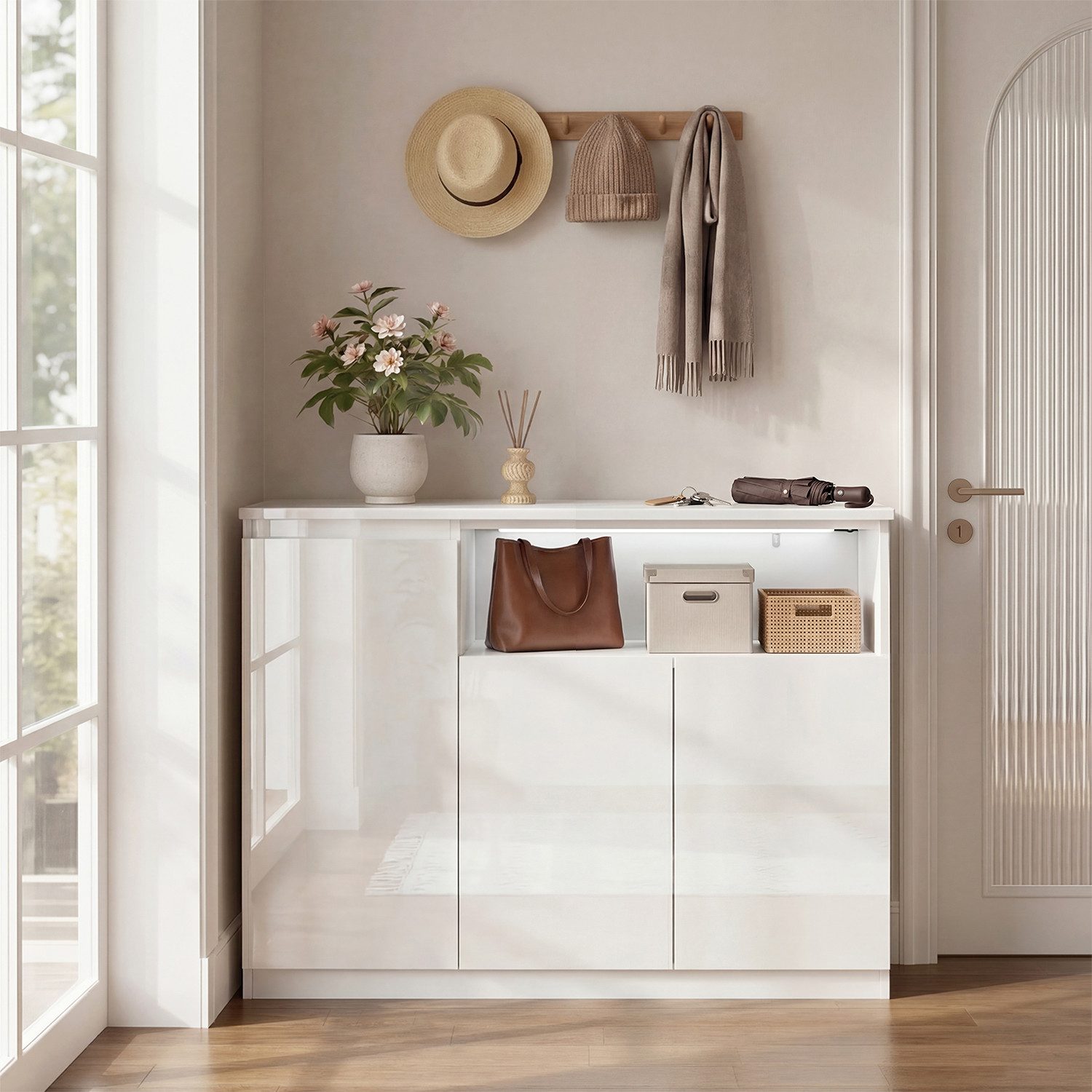 FUFU&GAGA Sideboard Hochglanz Kommode mit LED-Beleuchtung, weiß, 80-200 cm – Bild 2 von 5