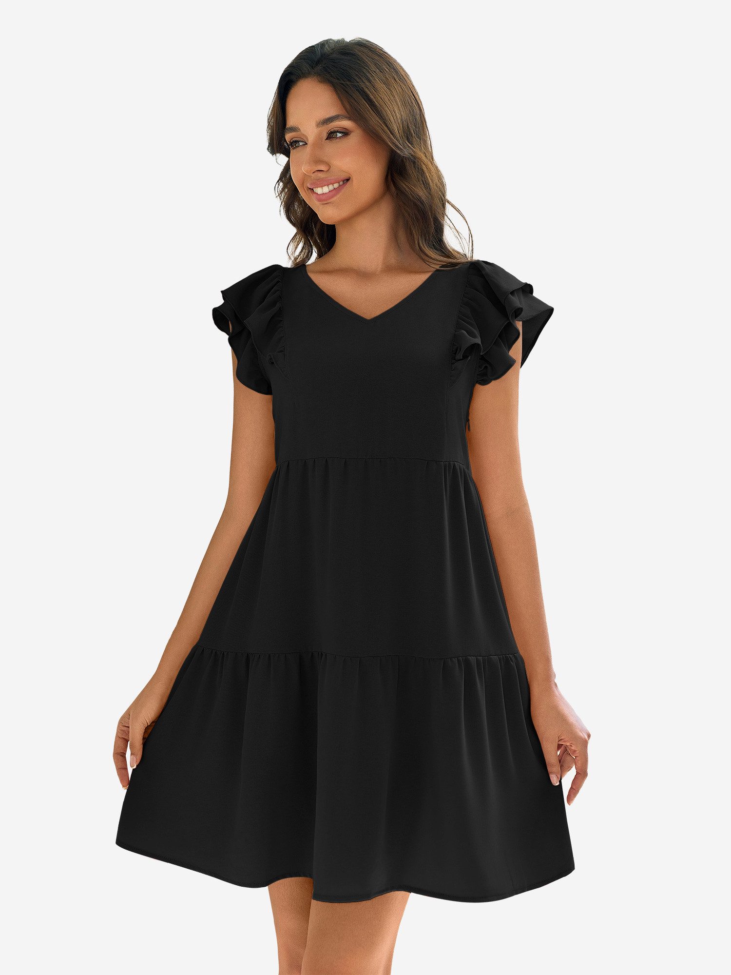 Imily Bela Minikleid Damen Niedliches Fließendes Babydoll-Kleid (Packung, 1-tlg., 1per-Pack) mit Rüschenärmeln